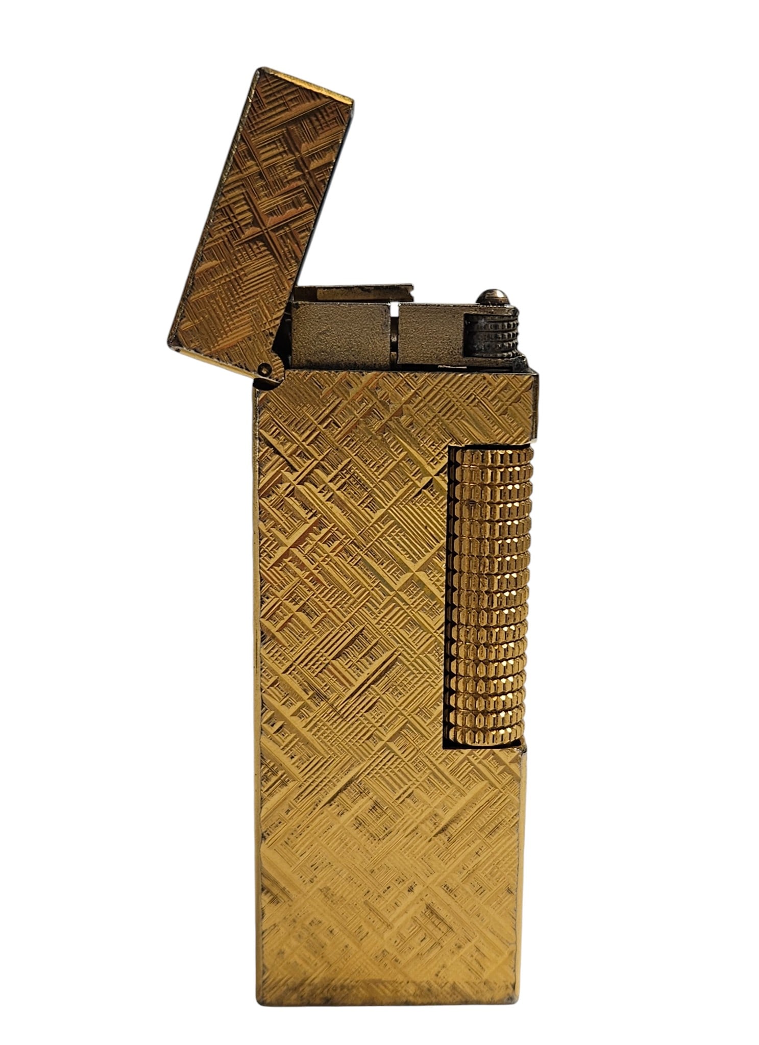 Mid Century Gold Plated Dunhill Rollagas Florentine Pattern Lighter: Vintage Dunhill Rollagas gold plated florentine pattern cigarette lighter. Marked "Dunhill" & "made in switzerland". Features a concealed hinge design. Measures 2.5 inches long. Overall good working c