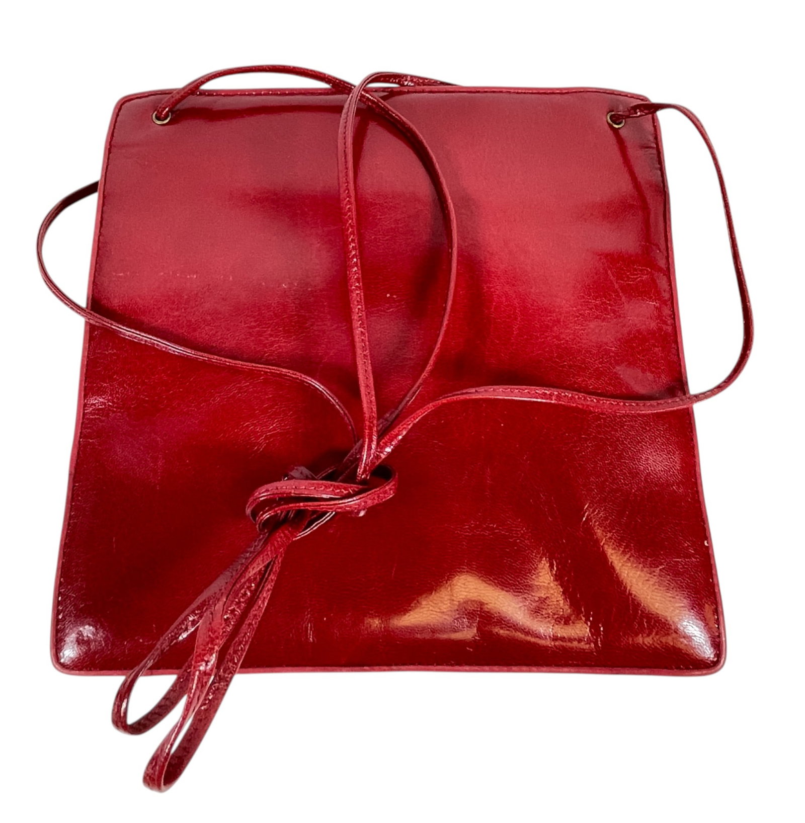 c1960 Bottega Veneta Red Leather Crossbody Bag: Measures 8.5 inches square. Overall good condition, please see all photos. From an estate in Midtown Manhattan.