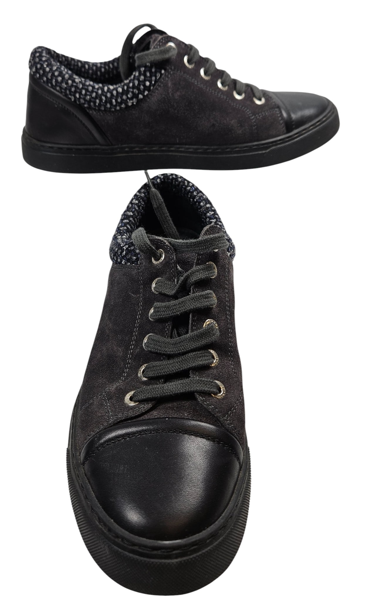 Chanel Grey Black Suede Tweed Low Top Lace Up Sneaker: Lightly worn, size 38. Comes with original box and dust jackets.