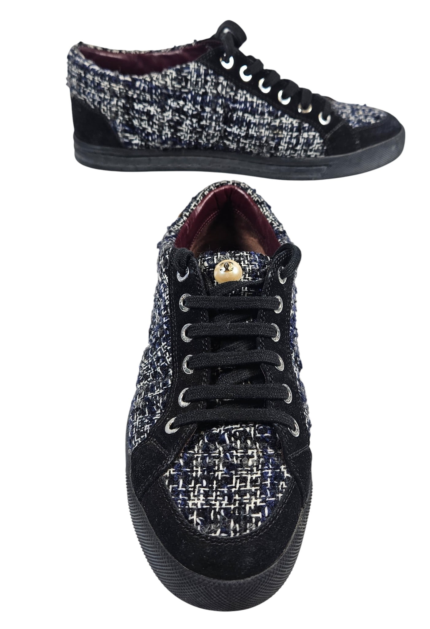 Chanel Navy Blue Tweed & Leather Low Top Sneakers: Lightly worn, size 38. Comes with original box and dust jackets.