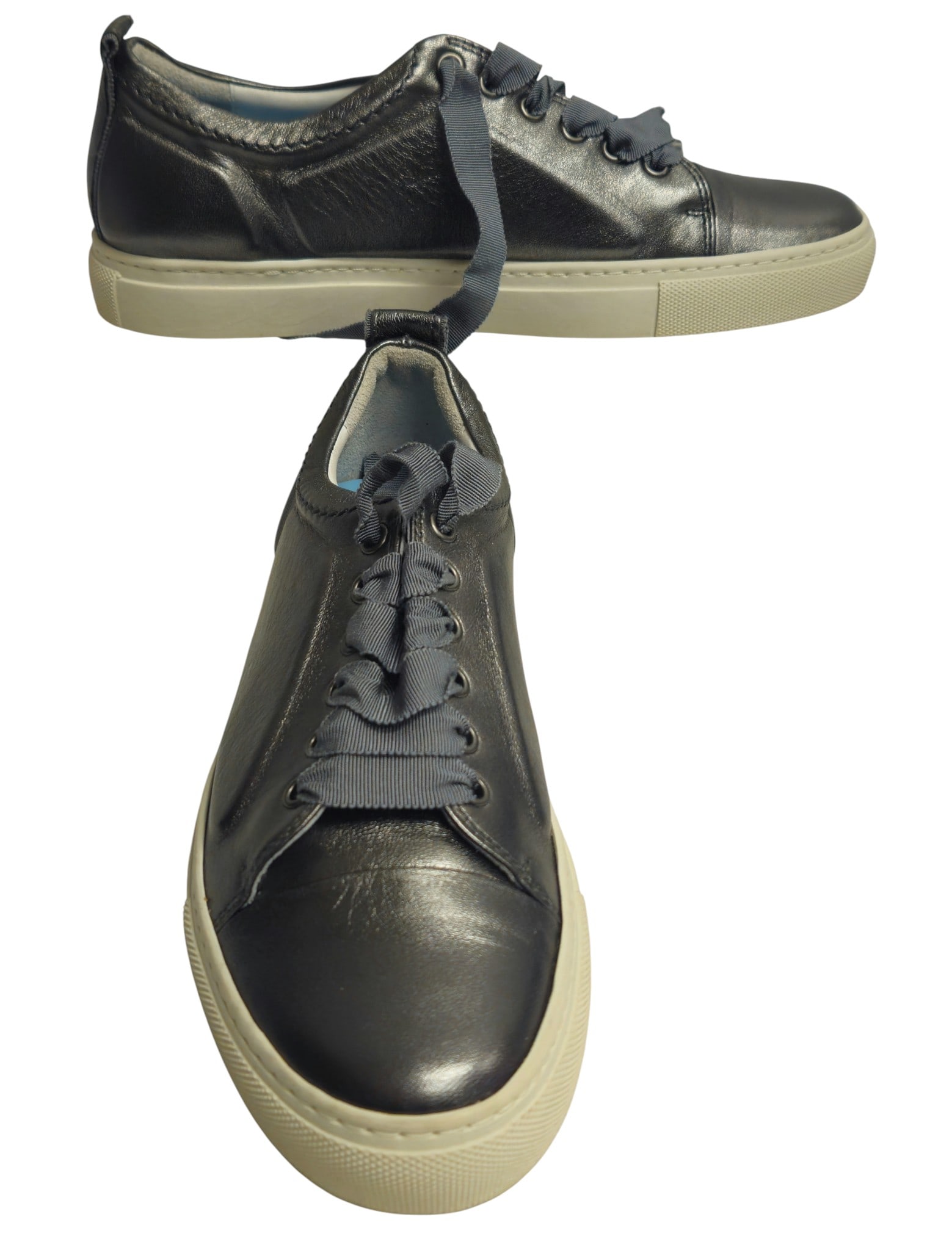 New old Stock Lanvin Metallic Silver Embossed Lambskin Low Top Sneakers: Never worn, size 38. Comes with original box and dust jacket.