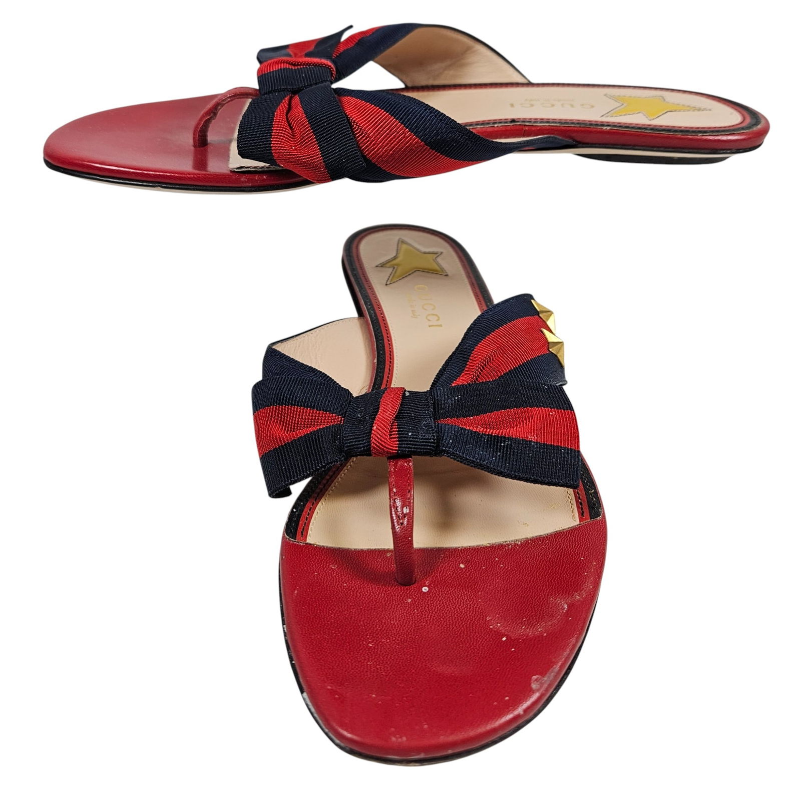 Gucci Red & Blue Aline Bow Thong Sandals: Lightly worn, size 37. Please see photos.