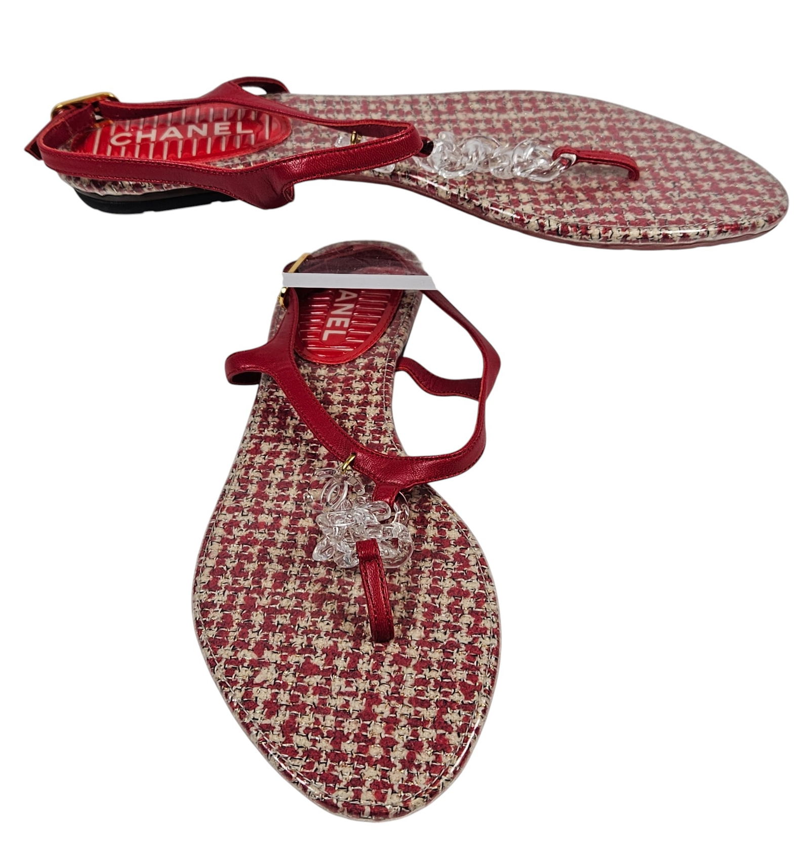 New Old Stock Chanel Red CC Tweed T Strap Sandals: Never worn, size 38. No box, but comes with dust jackets.