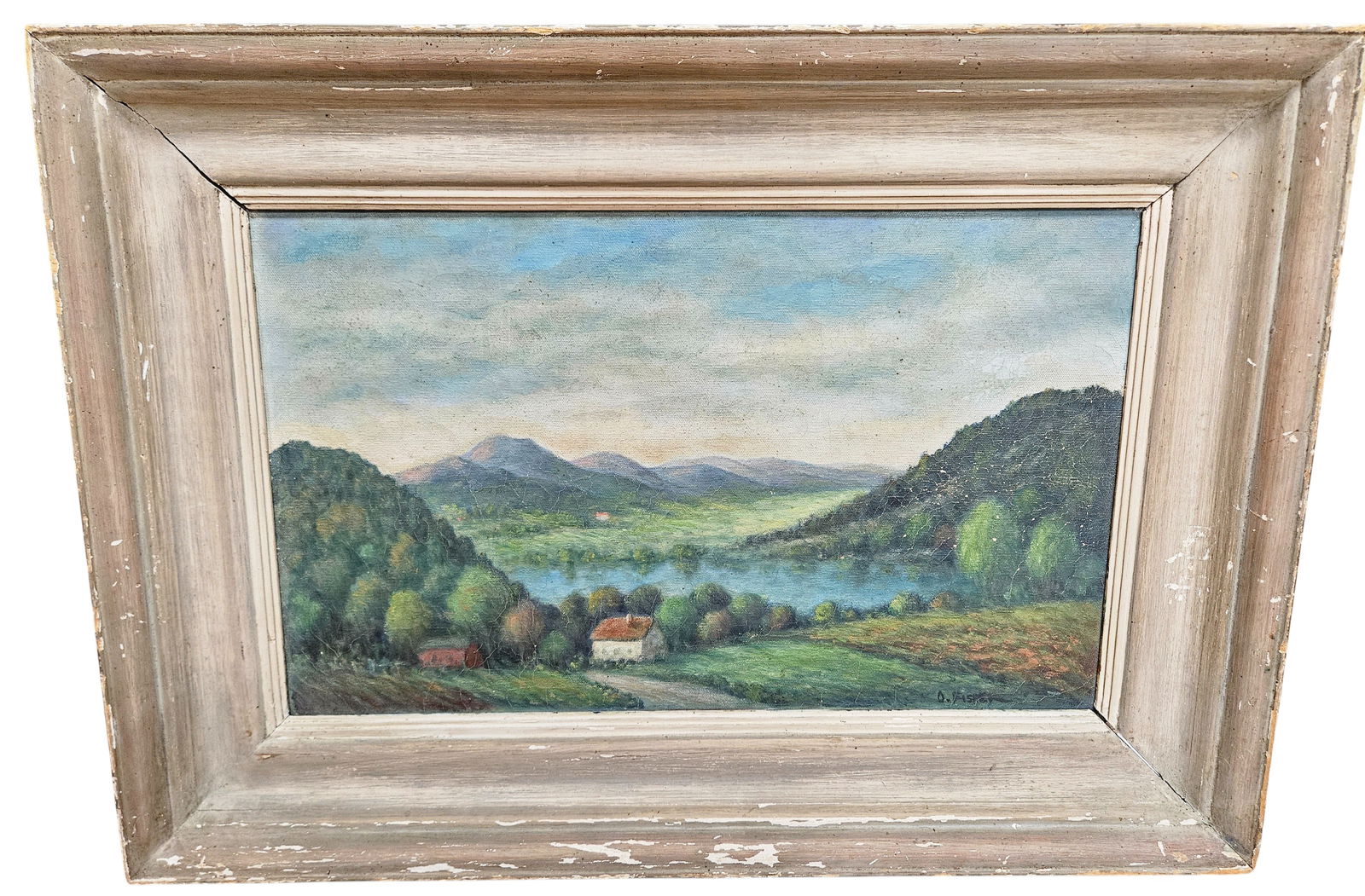 WPA Era Oscar Fisher O/C New England Barn & House Landscape: A beautiful WPA Era O/C landscape of a New England Barn and House on a Lake c. 1930s. Good condition, with some surface scuffing, craquelure and dirt accumulation. Painting needs a cleaning. Signed