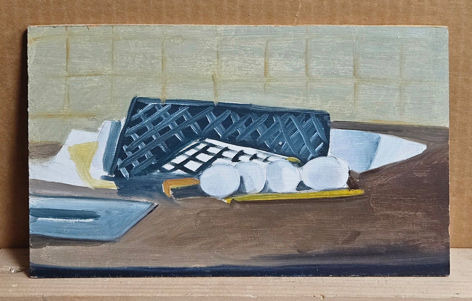 Alan Peters O/B Painting Still Life With Eggs on a Table: A very cool post impressionist Still Life. Very good condition. Not signed, but Estate Stamped on verso. From the SoHo Estate of Artist Alan Peters, NYC.