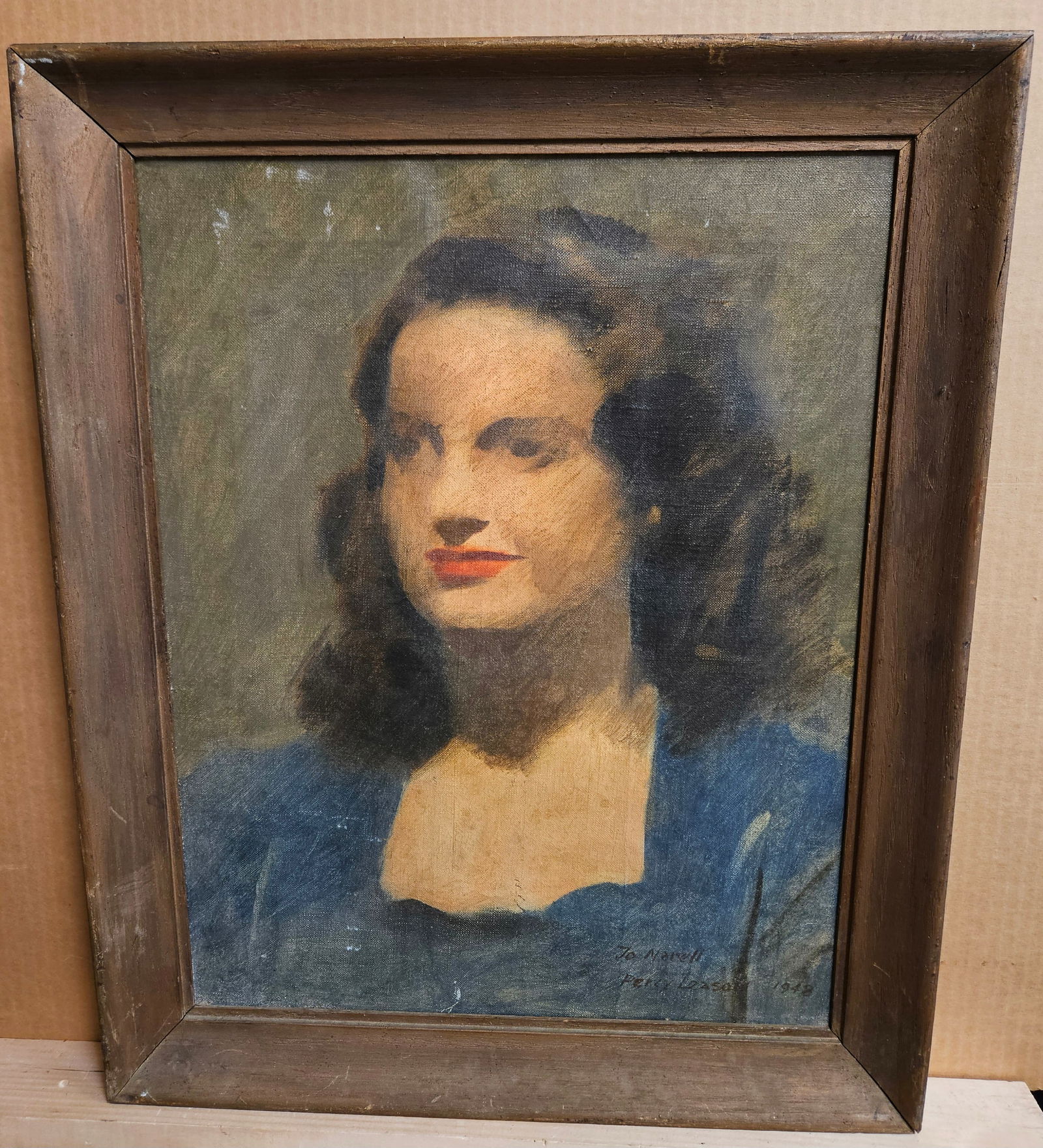 Percy Alexander Leason O/C Portrait of His Wife Dated 1948: Percy Alexander Leason (Staten Island, Australia, 1889 - 1959) O/C portrait of his wife and dedicated to Narell. Good condition, with scuffing, scratching and dirt buildup. Signed and dedicated lower