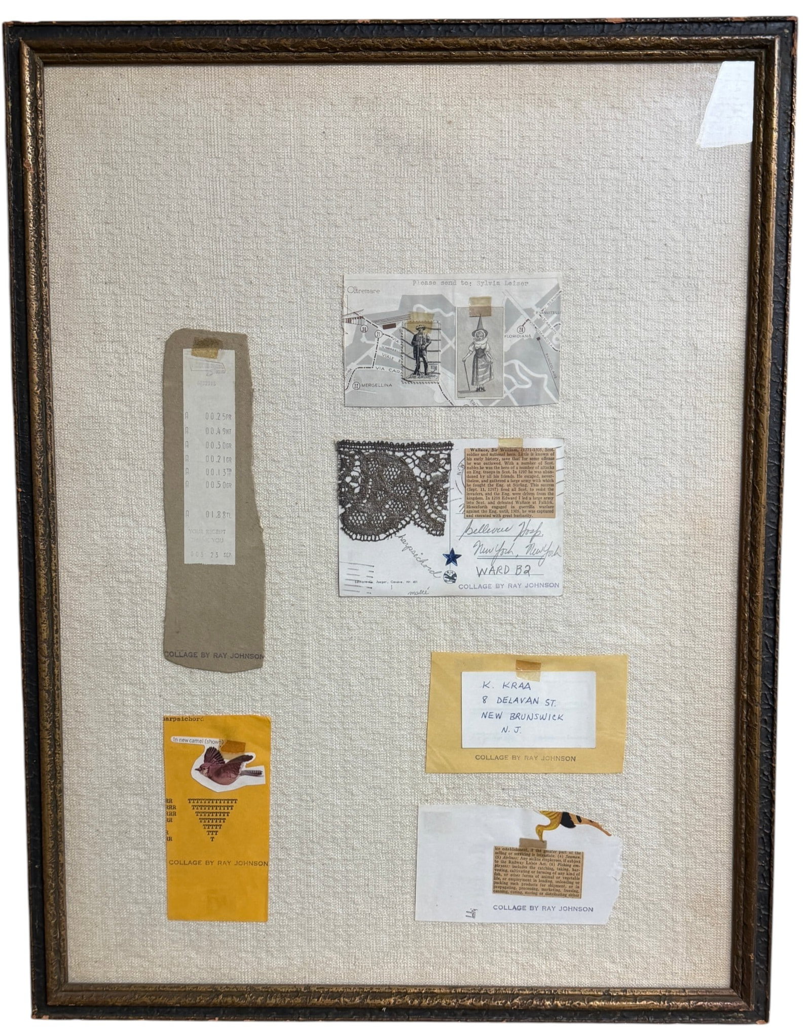 (6) Group of Ray Johnson Collages under Glass Postal Art: To consist of (6) pieces of postal art, one reading "please sent to: Sylvia Leiser". Frame measures 25.5 x 19.5 inches. Overall good condition, please see photos.
