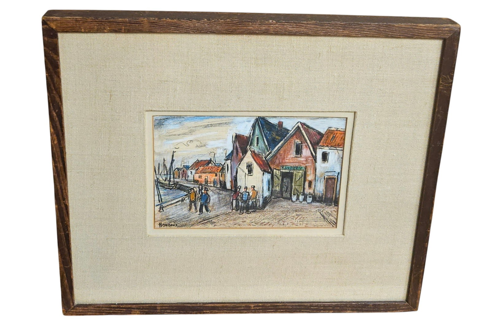 Gerrit Hondius (New York, 1891-1970) Watercolor Harbor Scene: Expressive post-impressionistic style with textured brushwork, depicting a coastal town scene with docked boats and figures on a quay. Frame measures 14.75 x 12.5 inches, sight 7.25 x 4.75 inches.