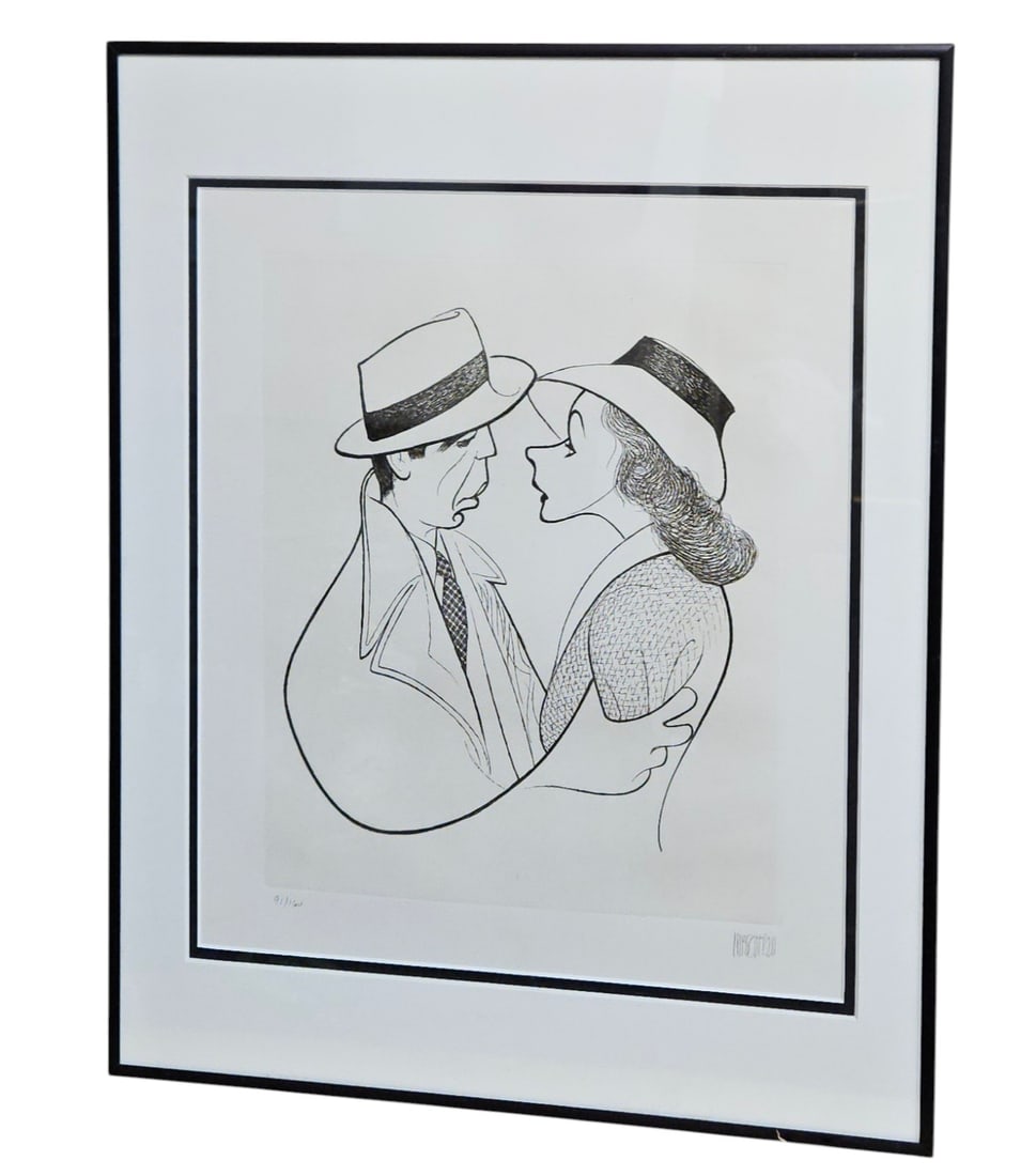 Al Hirschfeld 'Bergman & Bogart' Casablanca Signed Lithograph: Hirschfeld, Al. "CASABLANCA" Signed & Numbered Lithograph. (1903-2003). Signed lower right, numbered 91/160 lower left. Measurements in frame: 17 x 21.375, sight: 13.25 x 15.5. Overall good condition,