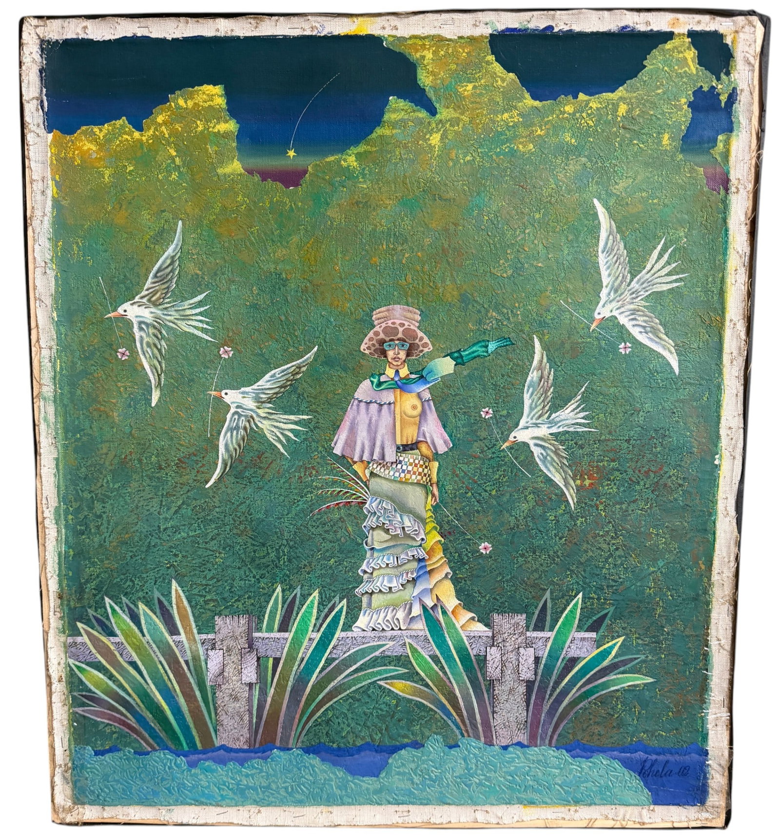 Sergey Pchelintsev O/C Post Surrealist 'Expectation': Sergey Pchelintsev (Belarus, Minsk, New York, 1952 - 2025) Contemporary Outsider Post Surrealist painting titled "Expectation", 2002. Painting depicts a semi nude woman on a dock with birds and