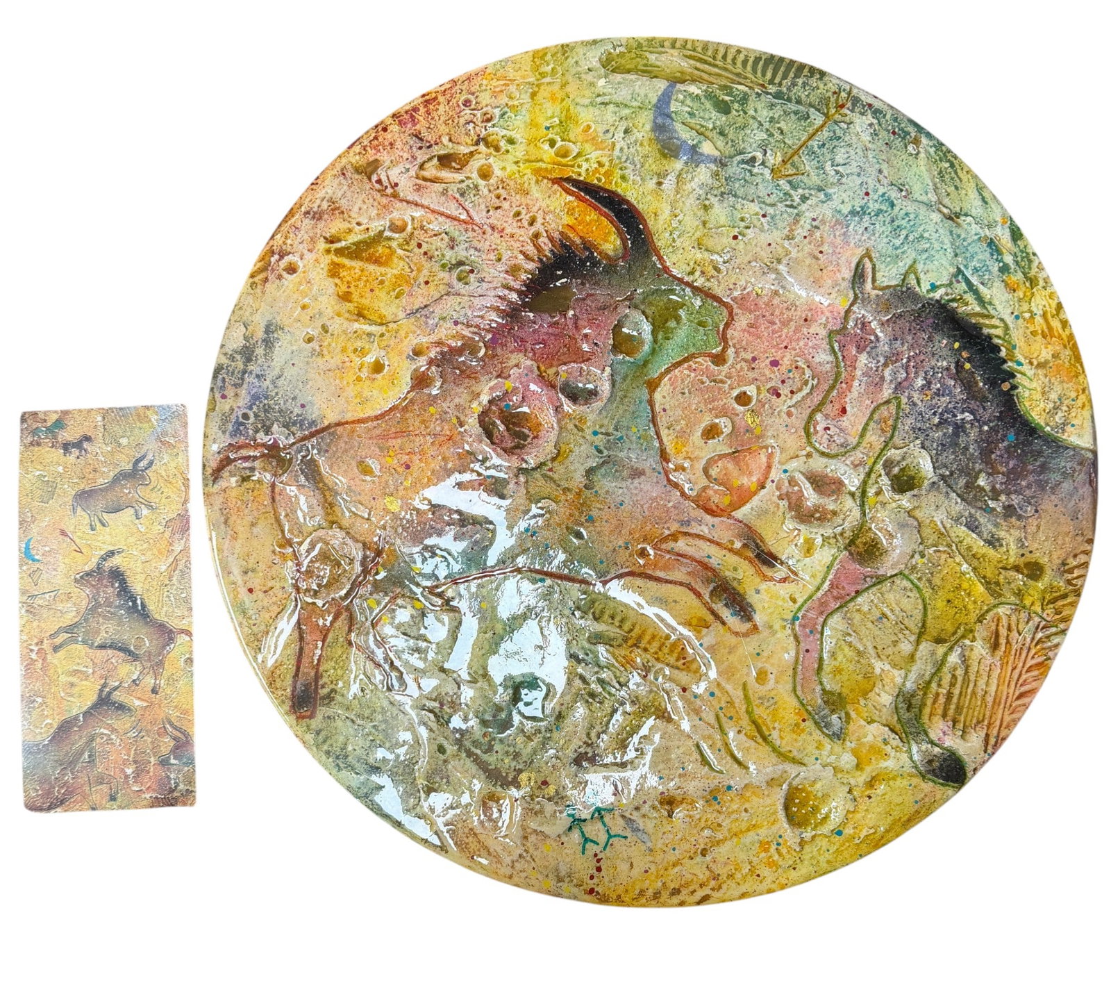 Giovanni Scalisi Plaster & Oil Mixed Media Plaque: Heavy use of impasto techiques tjat give the art a tactile quality. Measures 18 inches in diameter. Overall good condition, please see photos.