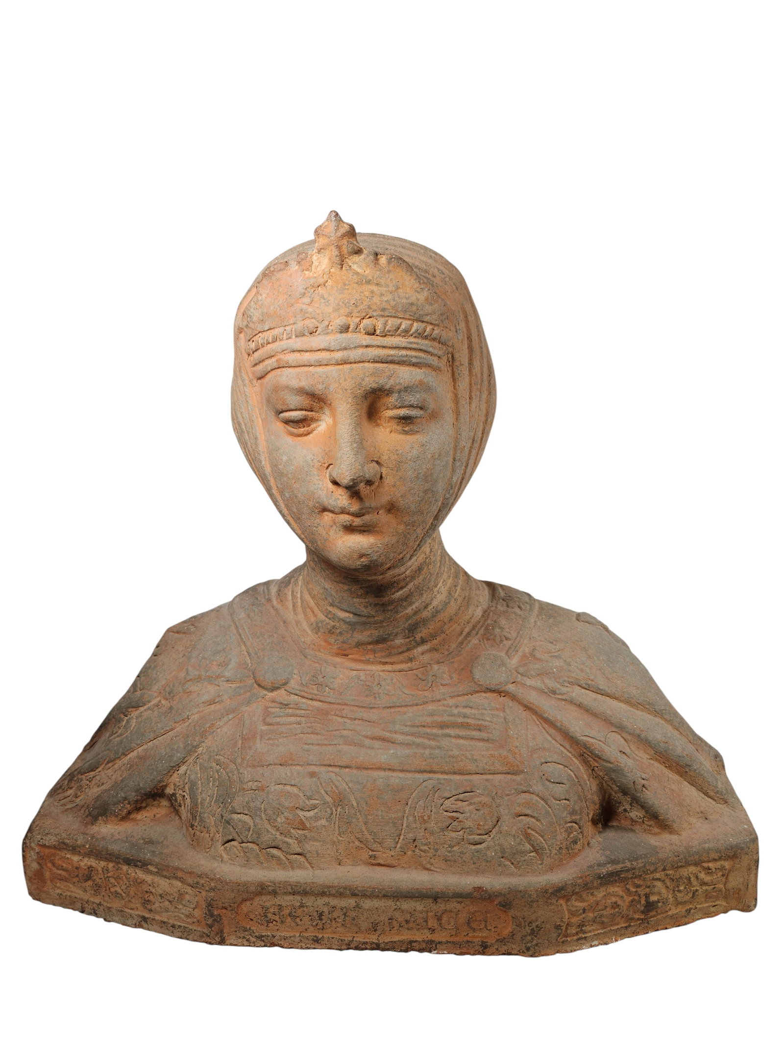 Vintage Terracotta Bust of Dante’s Beatrice: Terracotta Bust of Dante’s Beatrice. Figural terracotta bust of a woman wearing a crown and fancy garments, has a lozenge form base with inset carved filigree panels and titled on the front “Beatr