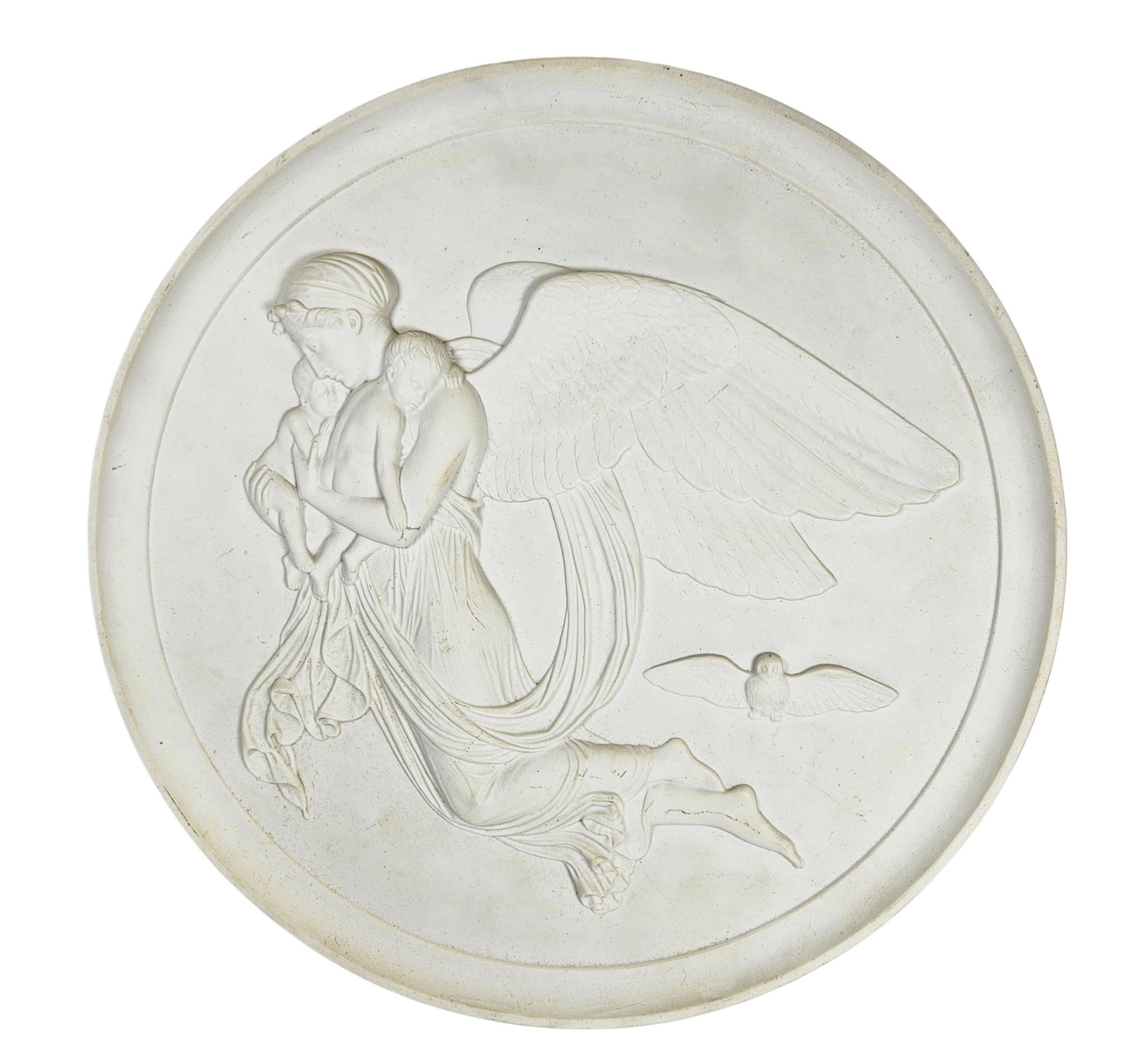 Large 19th Century Royal Copenhagen Intaglio Bisque Plaque 'Night': The 'Night' plaque depicts a personification of night floating through the sky with her eyes closed holding two sleeping children, accompanied by an owl. Measures 14 inches in diameter. Overall good c