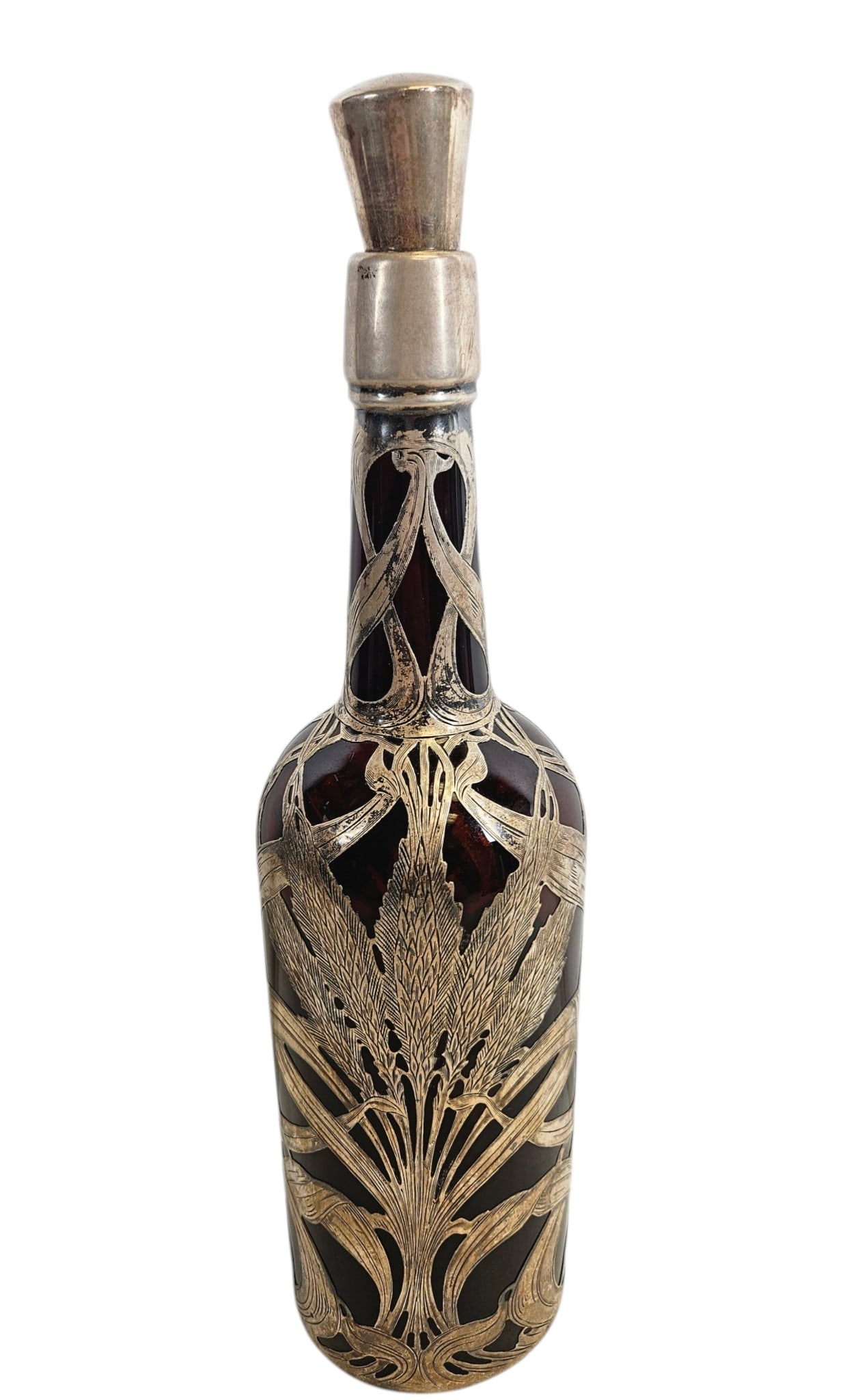 Art Nouveau Sterling Silver over Amber Glass Decanter Wheat Stalks: Bottle measures 13 inches high to the stopper, 3.25 diameter across the bottom. Overall good condition, no chips or cracks. Please see photos.