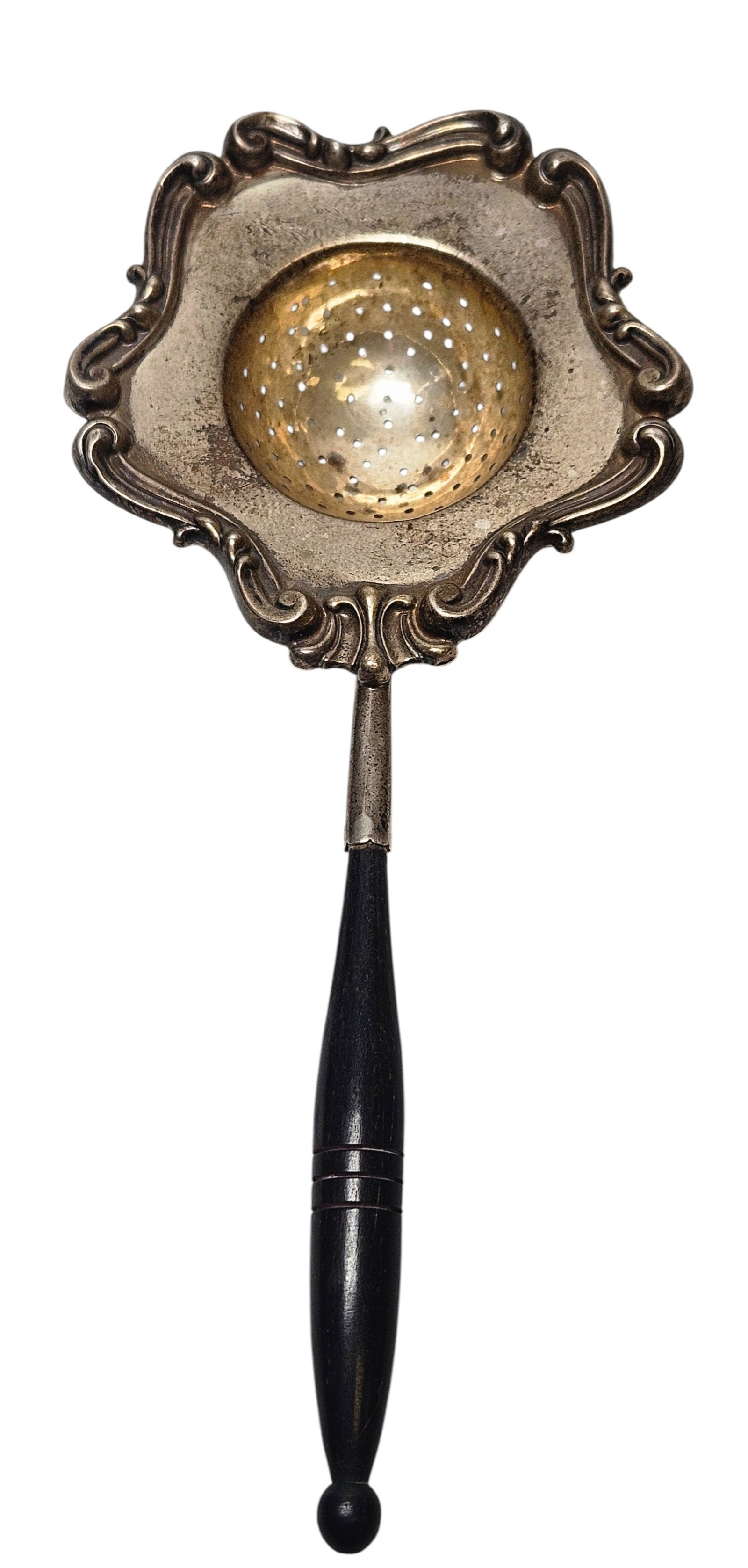 c1900 Marcus & Co Sterling Silver Wood Handled Tea Strainer: Marked Marcus & Co, Sterling silver along the rim. Total weight 1.8 ozt. Measures 8.5 inches long. Overall good condition, please see photos.