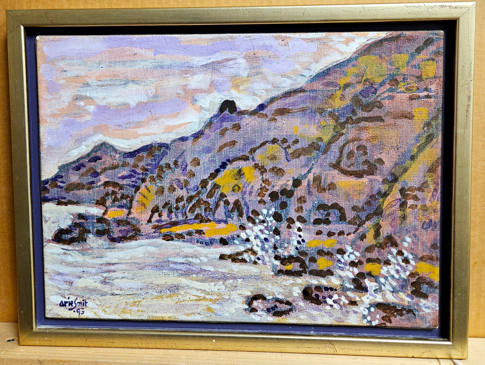 Arie Smit O/C Modernist Indonisian Landscape, 1993: Arie Smit (Netherlands, Indonesia, 1916 - 2016) rocky shore landscape of Southeast Asia. Excellent condition and beautifully gallery framed. Work is float mounted and encased in the inner gilt edge