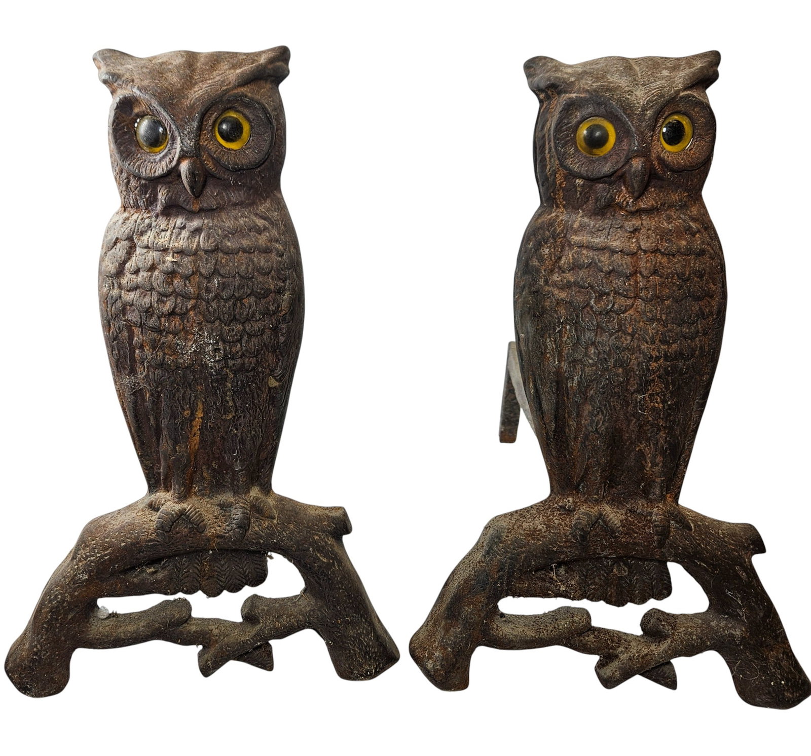 Pair Owl Cast Iron Andirons Glass Eyes: Measure 15.5 inches high. Overall good condition, light surface rust - please see photos.