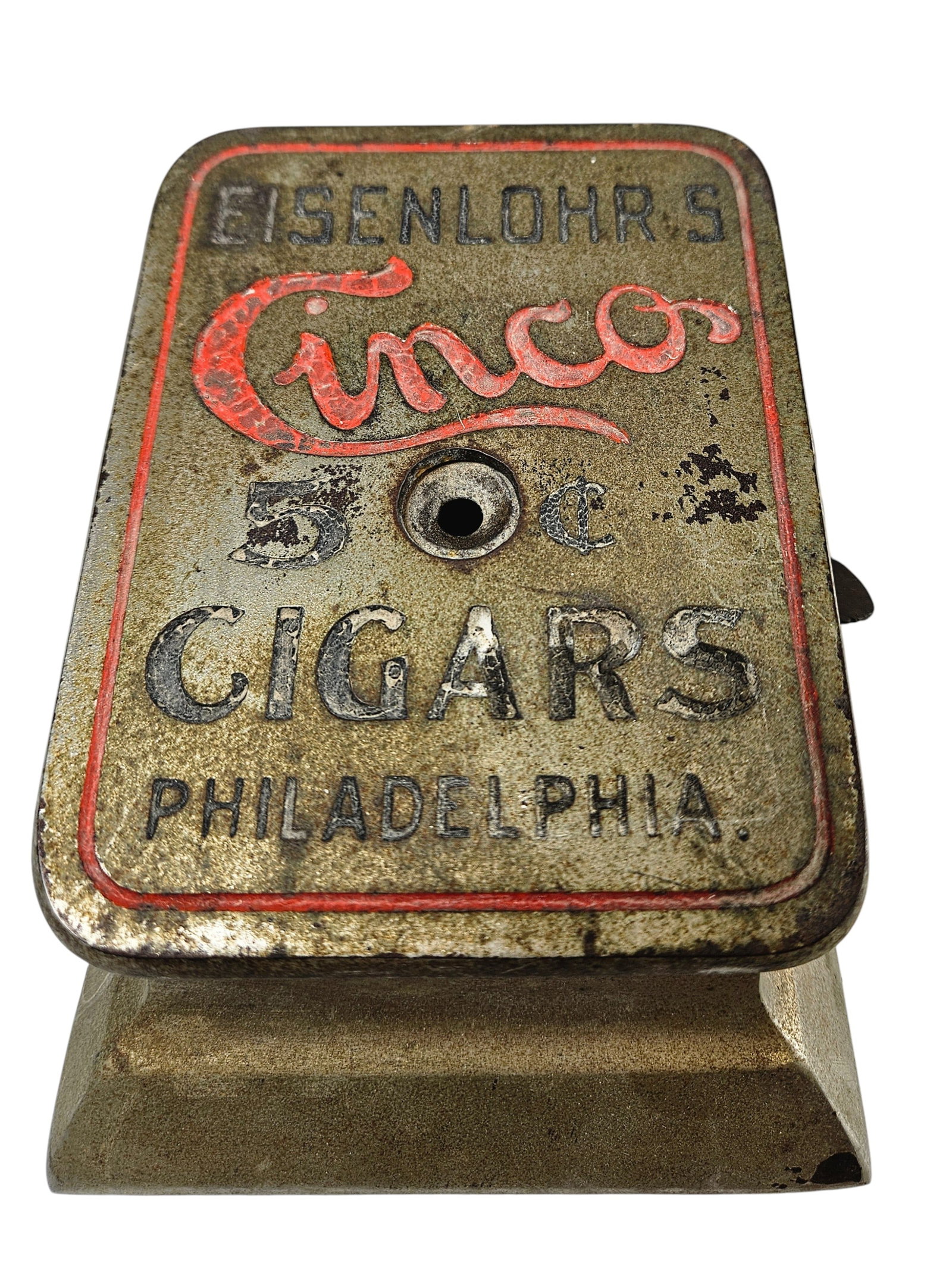 Key Wound Mechanical Clock Work Cigar Cutter Eisenlohr's Cinco: Key Wound Mechanical Clock Work Advertising Cast Iron Cigar Cutter. Eisenlohrs Cinco 5c Cigars. Philadelphia. Re: Antique Cigar Cutters & Lighters. P. 11. Dimensions- L-6.5 inches x W-5 inches.