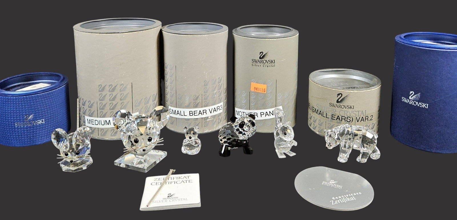 (6) Piece Swarovski Crystal Lot Animals: To include mother panda, small bear, sister bear, replica mouse, small squirrel, and medium mouse. All come with original packaging. Overall good condition, no chips or cracks. Please see photos.
