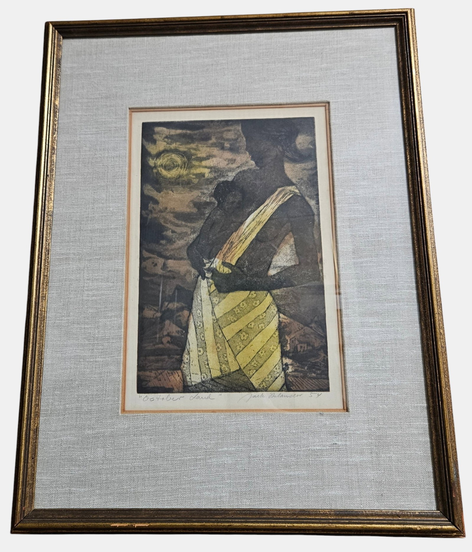 Jack Bilander (American, 1919-2008) Lithograph 'October Land': Depicting a woman breasteeding a child against a stylized background. Titled "October Land" on left, signed & dated on lower right. In frame measures 28.5 x 22 inches, site approx 17 x 11 inches. Over