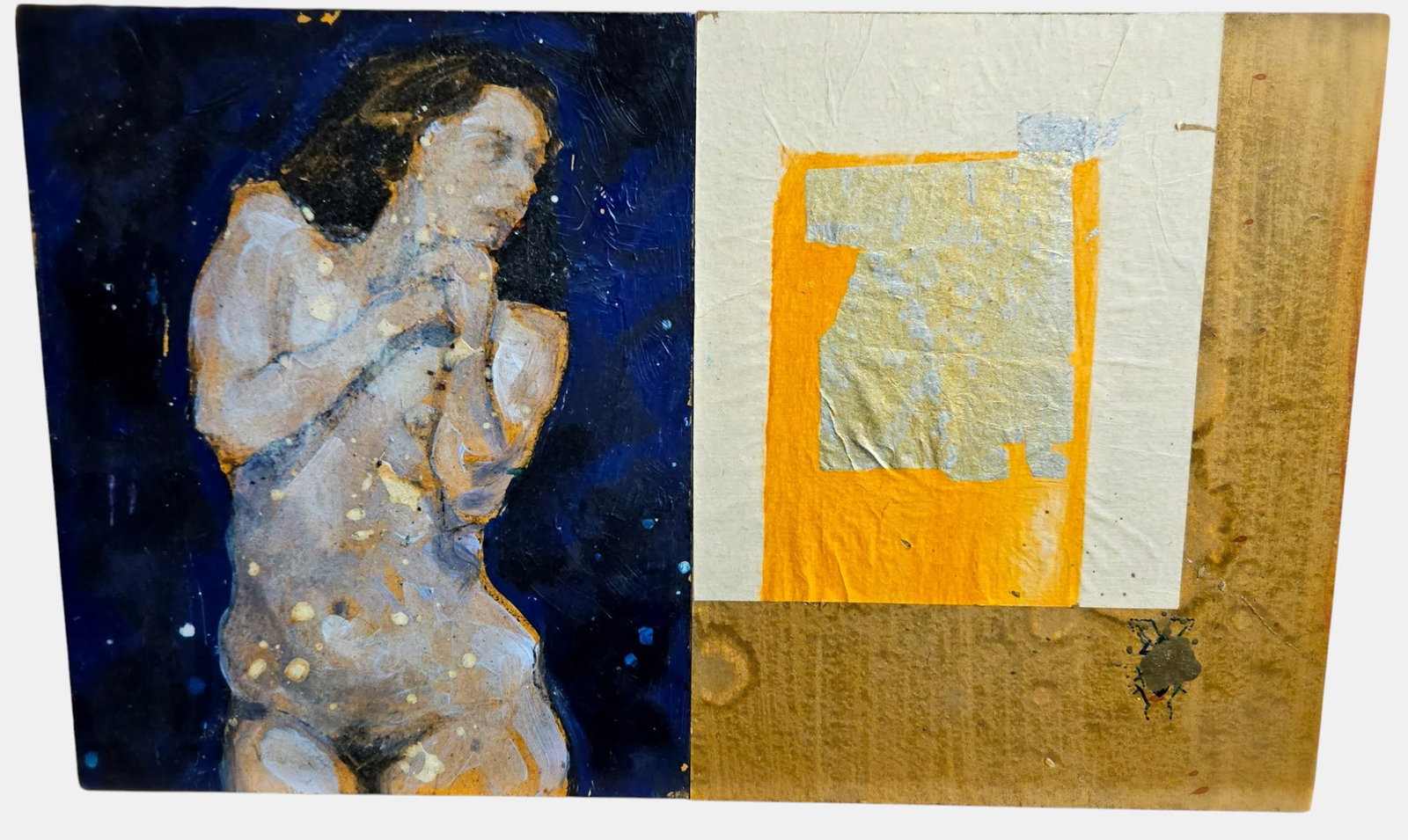 H. Craig Hanna (American, b. 1967) Diptych Oil on Board Nude Woman & Abstract: Two boards hung together, one of a nude woman - the other an abstract painting on paper mounted to board. Total measurements 10 x 16 inches. Overall good condition, please see photos.
