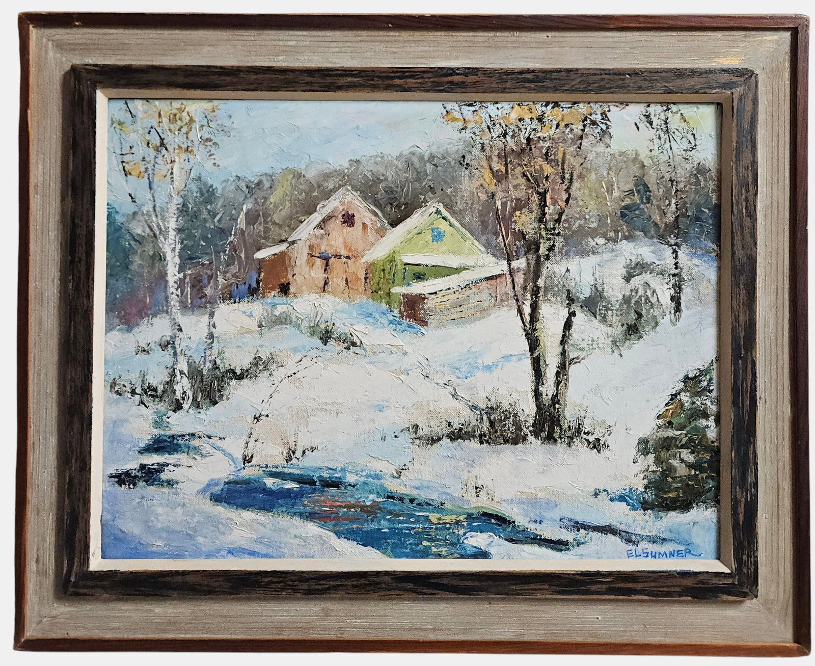 E L Sumner (American, Mid 20C) 1965 Oil on Board 'Barns, Winter Hill' (1 of 4)