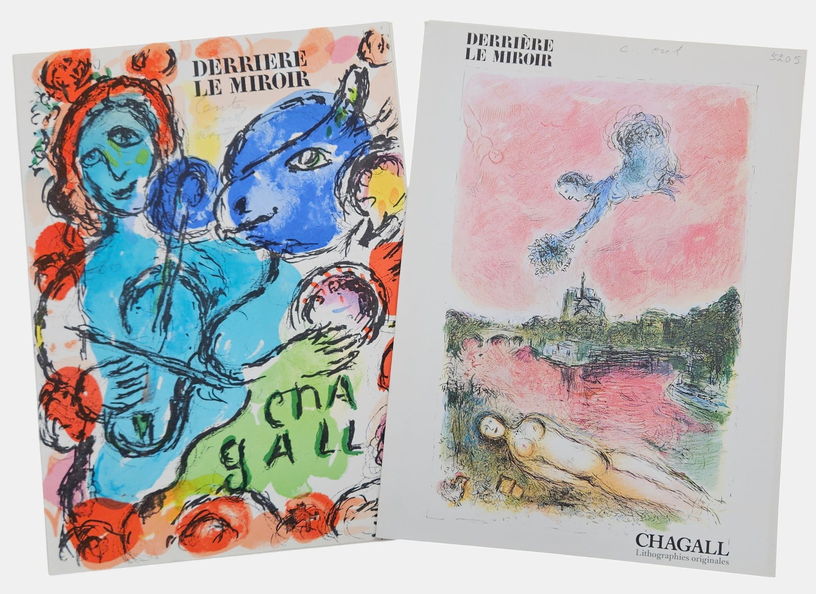 (2) Chagal Derriere Le Miroir Lithograph Plates in Folios: (13) colored lithographs in one, and images in the other. Maeght 1981. Appears to be complete folios. Please see photos.
