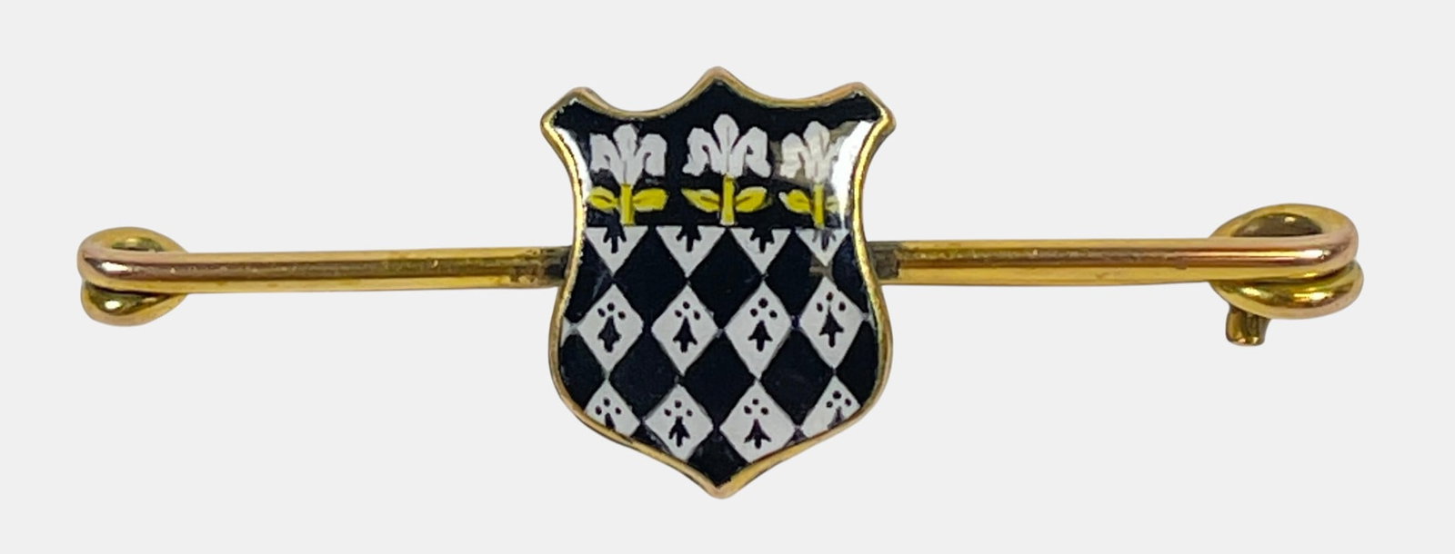Vintage 9k Yellow Gold & Enamel Oxford Pin: Total weight 1.7 dwt. No damage to enamel, overall good condition. Marked 9k. Measures 1.625 inches long.