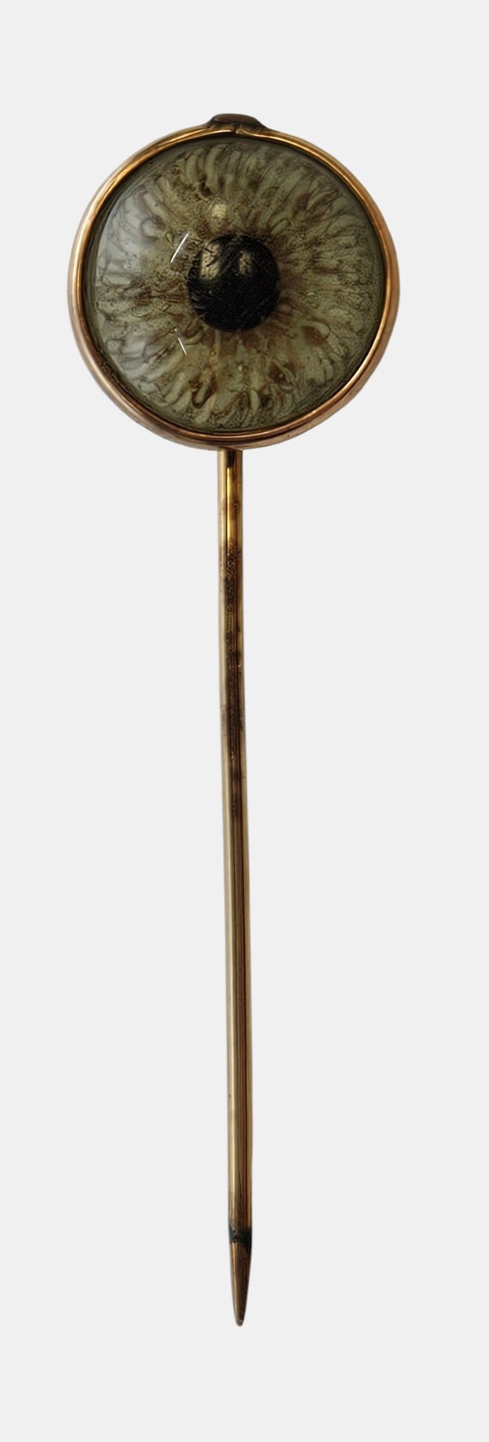 Victorian Surrealist 9k Yellow Gold Eye Stick Pin: Measures 2 inches long. Unmarked but has been tested for gold. Total weight 1.7 grams. Overall good condition, please see photos.
