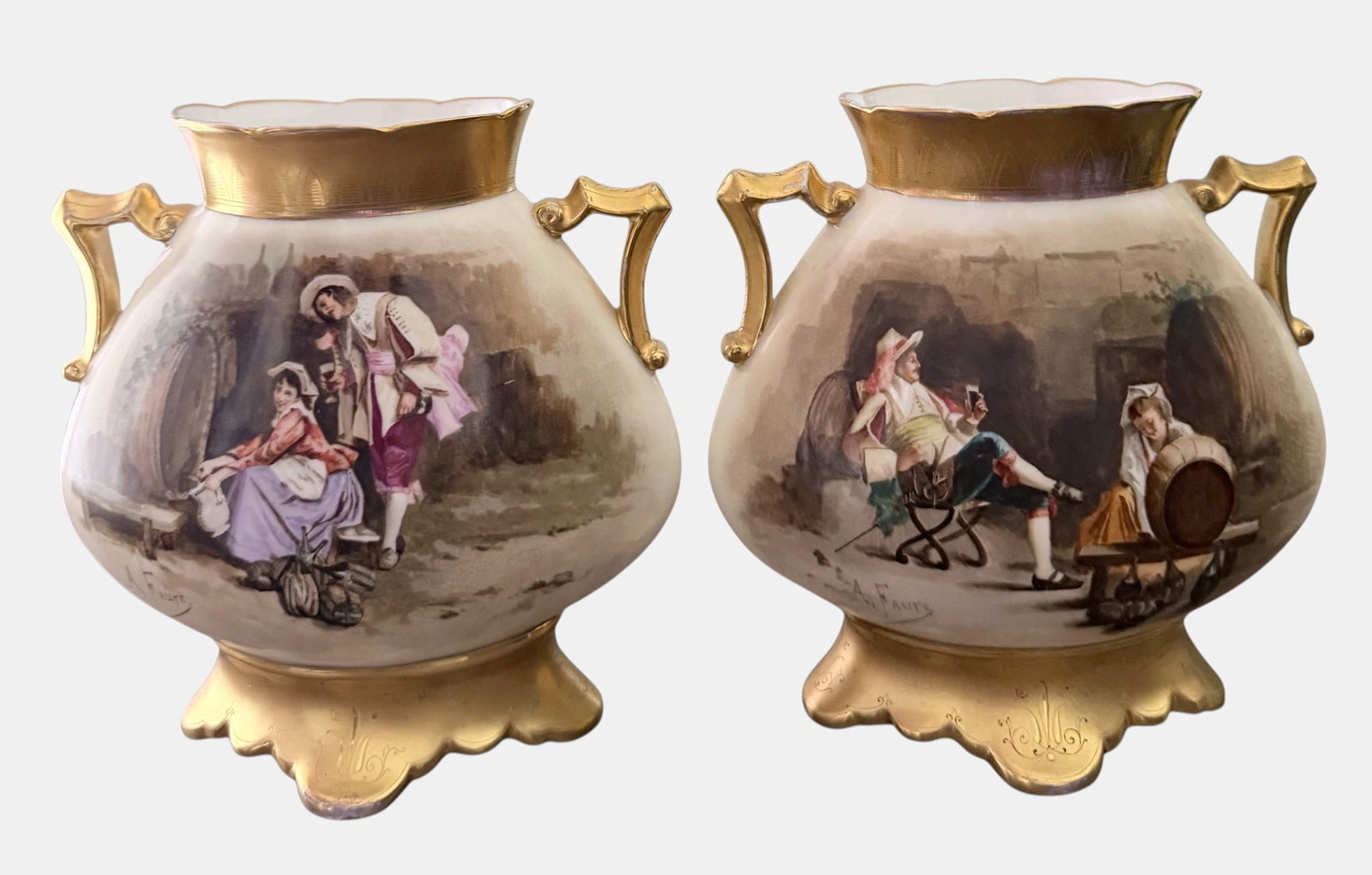 Pair 19th Century Old Paris Bulbous Form Courtship Scene Vases Signed: Vases measure approx 8 inches high, 7.5 inches wide, 4.24 inches deep. Signed A Faure, or A Faute. Overall good condition, no chips or cracks. Please see photos.