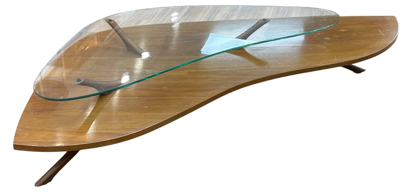 Mid Century Adrian Pearsall Style Atomic Era Two Tier Step End Table: Features two tiered asymmetrical or step design, connecting support has a distinctive wishbone shape. Measures 22 inches high, 33 inches deep, 20 inches wide. Overall good conditon, please see photos.