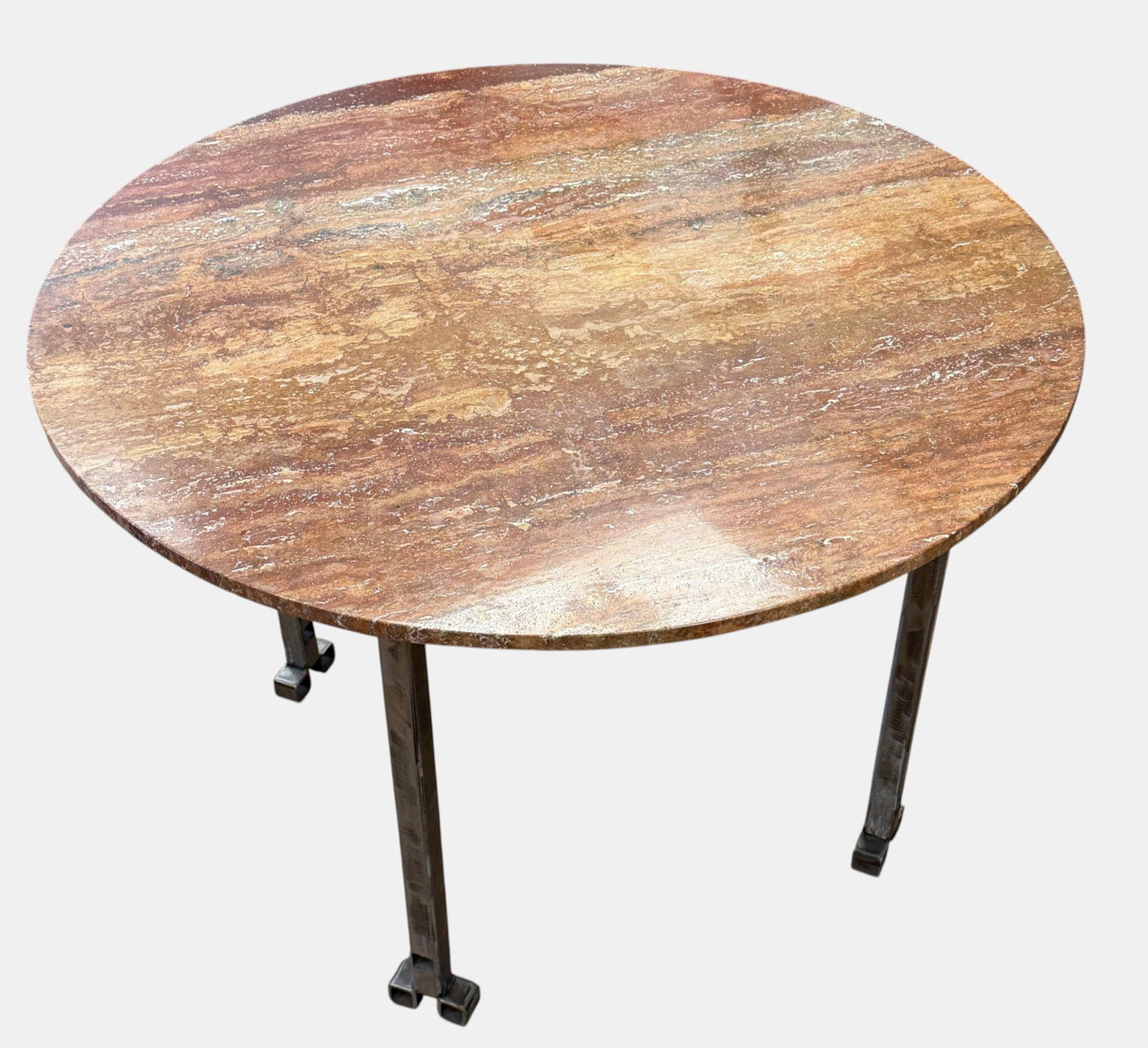 c1970 French Modernist Brushed Steel & Rouge Stone Dining Table: A thick, circular rouge colored stone top, with a sleek, industrial-style brushed steel base. Measures 29.75 inches high, 43 inch diameter. Overall good condition, please see photos.