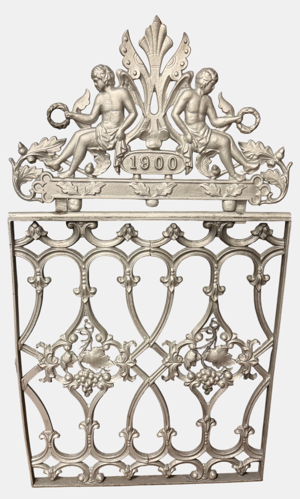 Victorian Cast Iron Garden Gate: Painted grey, the year on top is 1900. Features two cherubs flanking the date, set within an intricate framework of floral and leaf patterns. Measures 47.5 inches high, 25.5 inches wide. Overall good