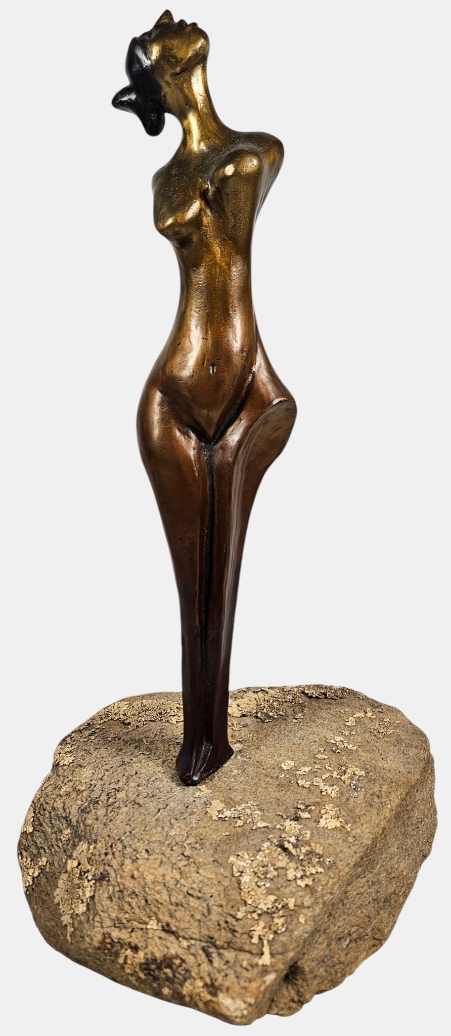 Marco A Oviedo (b. 1948) Bronze Sculpture Nude Woman: Signed & numbered 11/75 on back legs. Sits on stone plinth. Measures with base 15 inches high, base is 8.5 x 7.5 inches. Overall good condition, please see photos.