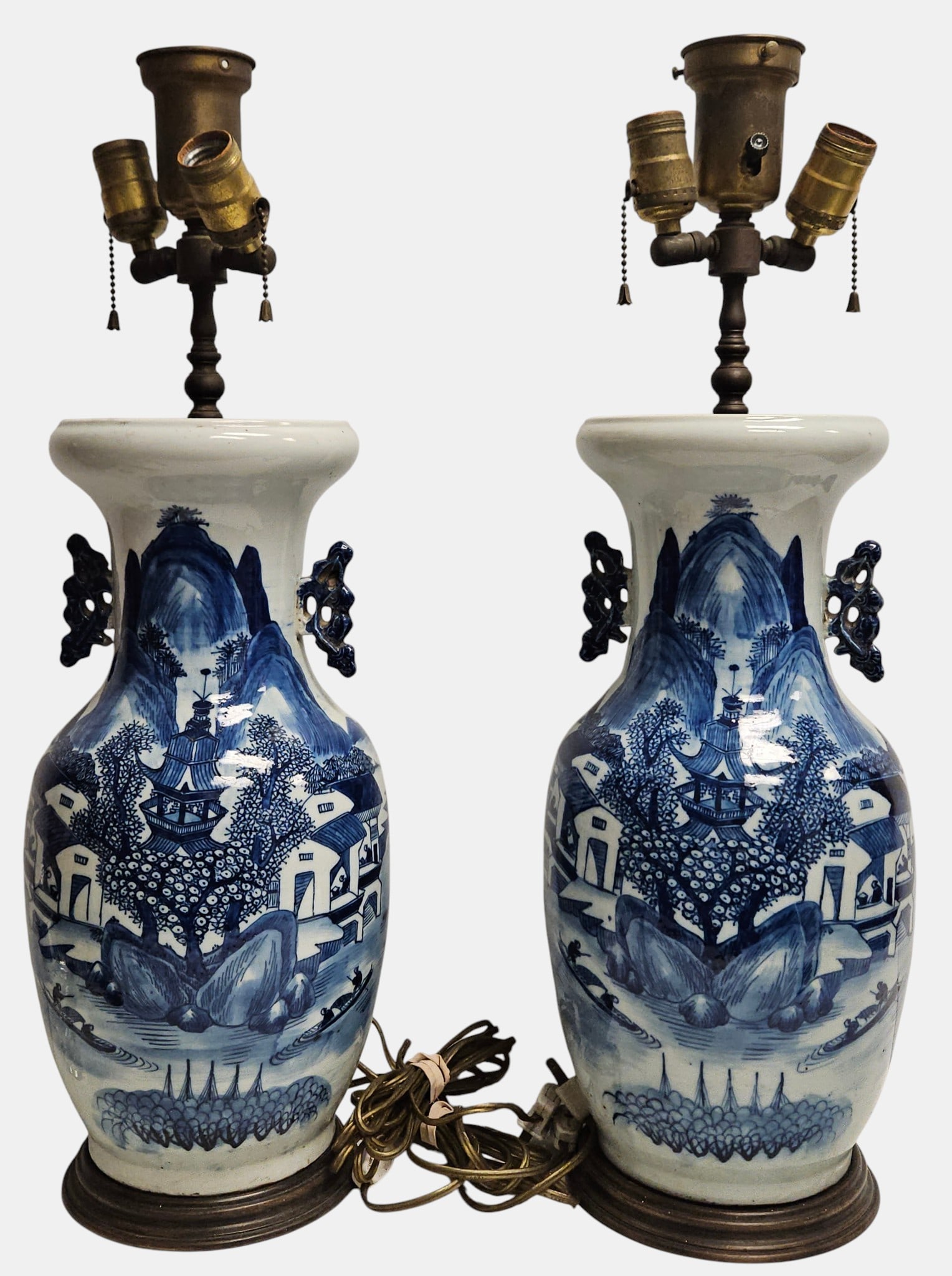 18/19C Pair Chinese Blue & White Vases Mounted as Lamps (1 of 7)
