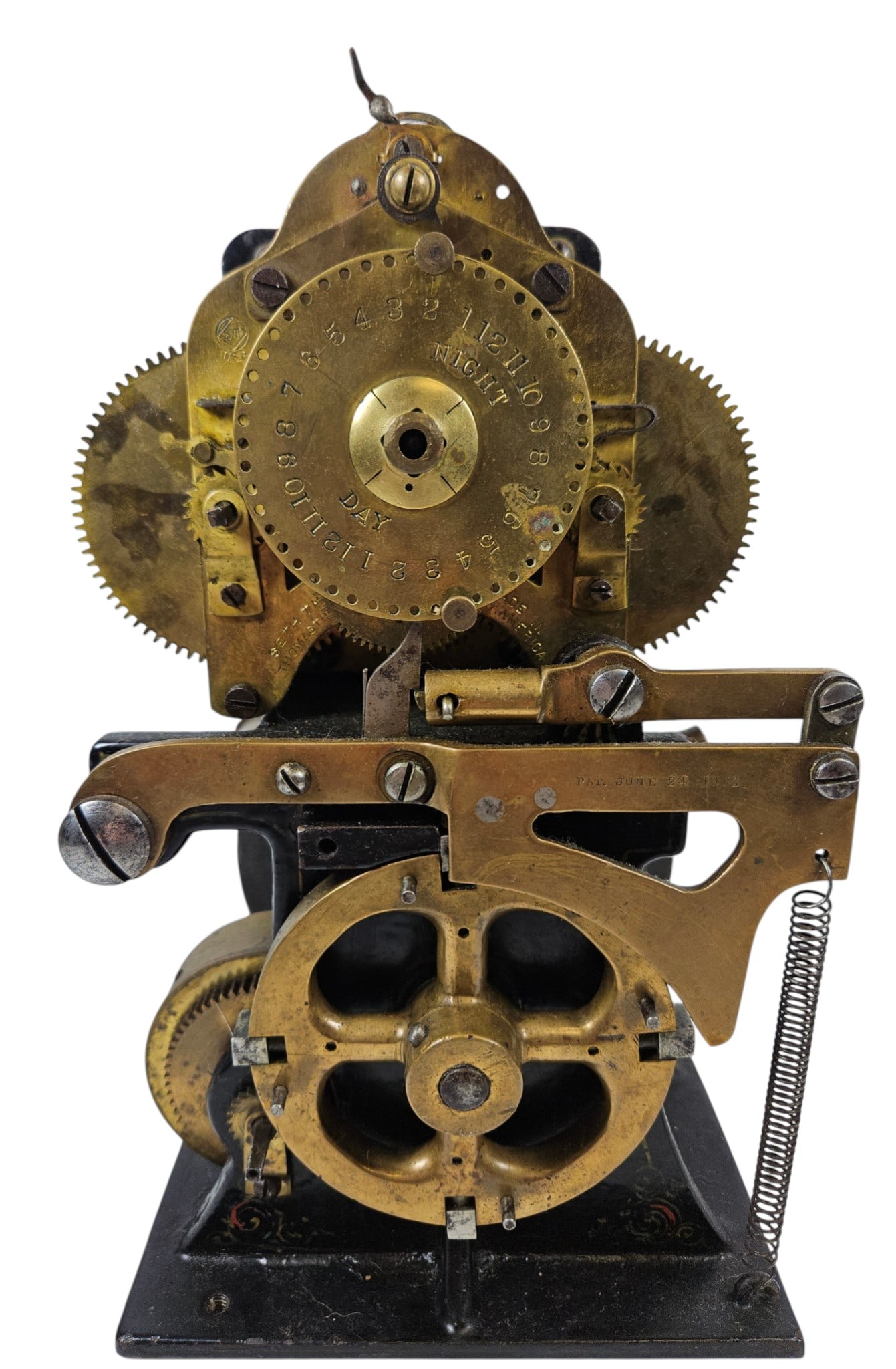 Antique Bank Safe Time Lock: Measures approx 10.5 inches high, 6 inches wide, 5.5 inches deep. As found condition, not currently working. Please see photos.