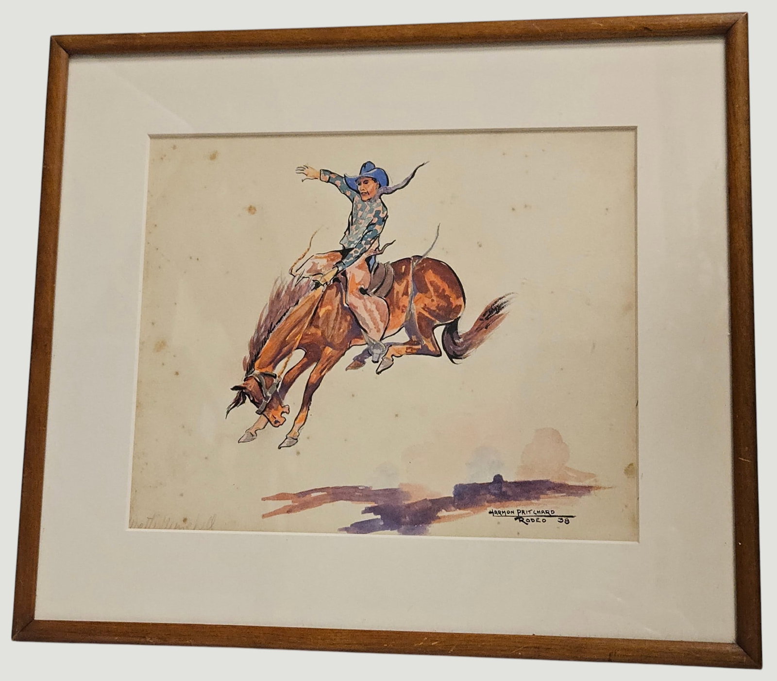 Harmon Pritchard Illustration Bucking Bronco Cowboy 'Rodeo': Harmon Pritchard (New York, 1890–1938) W/C and pencil illustration of a Bucking Bronco Cowboy Rider, Walter Winchell. Signed and titled "Rodeo", 38, lower right and noted in pencil Walter Winchell