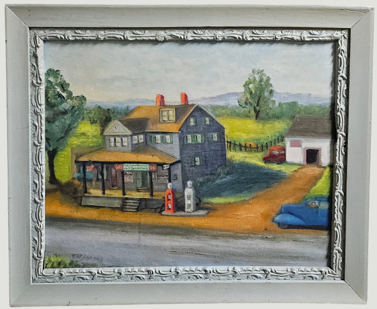 Folk Art Oil on Board Country Store Signed Racharias (1 of 2)