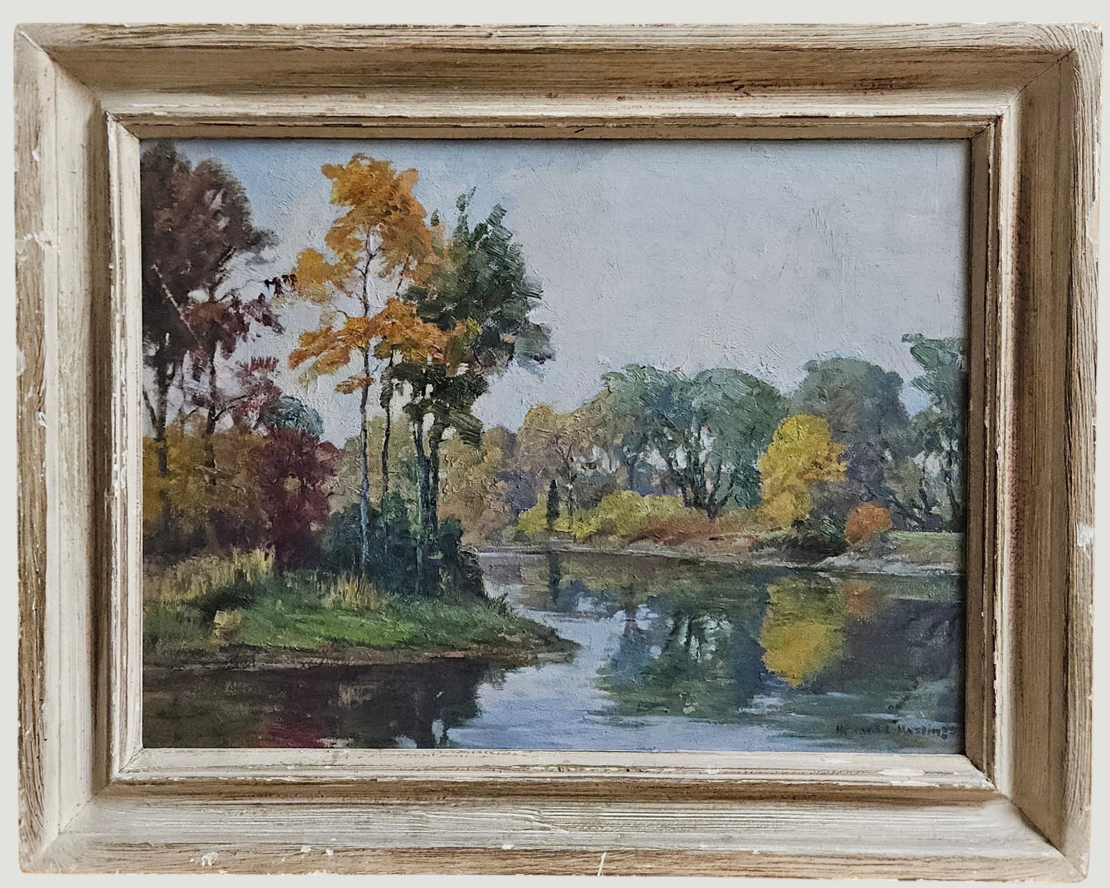 Howard L Hastings (American, 1887-1955) Oil on Board Autumn Landscape: Signed lower right. Framed measures 19.5 x 15.5 inches, sight 16 x 12 inches. Overall good condition, please see photos.