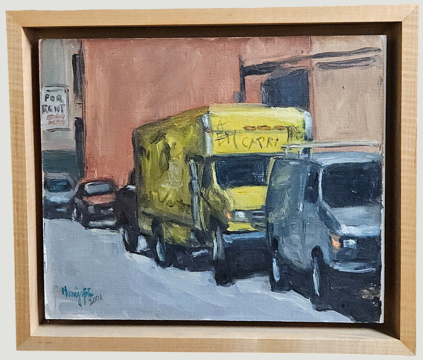 Oil on Board NYC Street Scene: Signature illegible, board is float mounted. Frame measures 12 x 13.75 inches, board measures 10.125 x 12 inches. Overall good condition, please see photos.