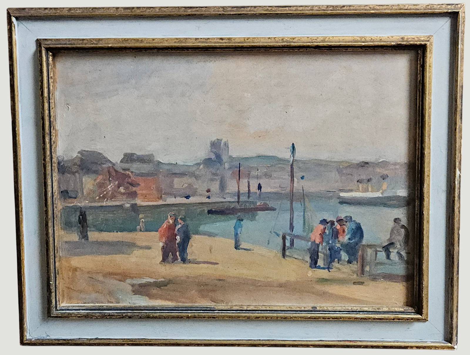 Impressionist Oil on Board French Harbor Scene: Depicting a harbor with figures gathered on a dock overlooking the water. Unsigned. Framed measures 12 x 15.5 inches, sight 9.25 x 12.5 inches. Overall good condition, please see photos.
