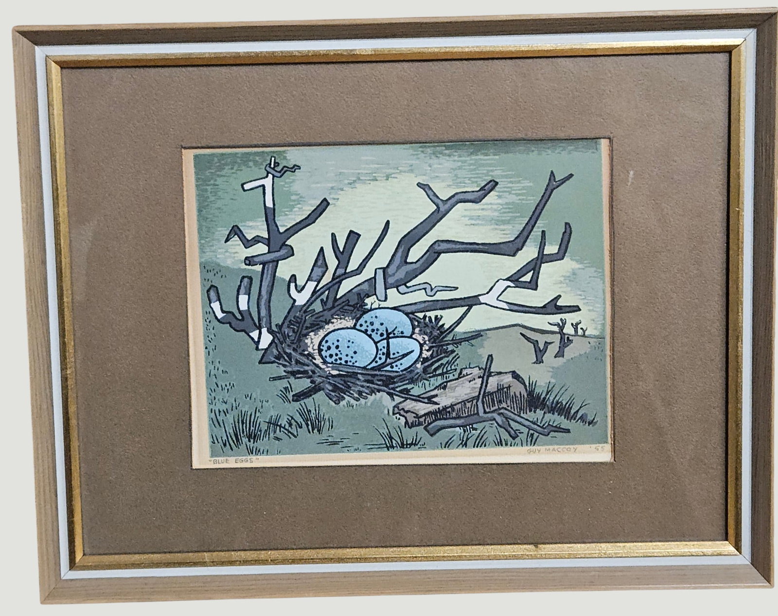 Guy Maccoy Scarce Serigraph Titled Blue Eggs, 1965: Guy Crittington Maccoy (Kansas, California, 1904 - 1981) serigraph in colors titled "Blue Eggs", '65. Good condition, with heavy toning around the perimeter border and foxing noticeable under the