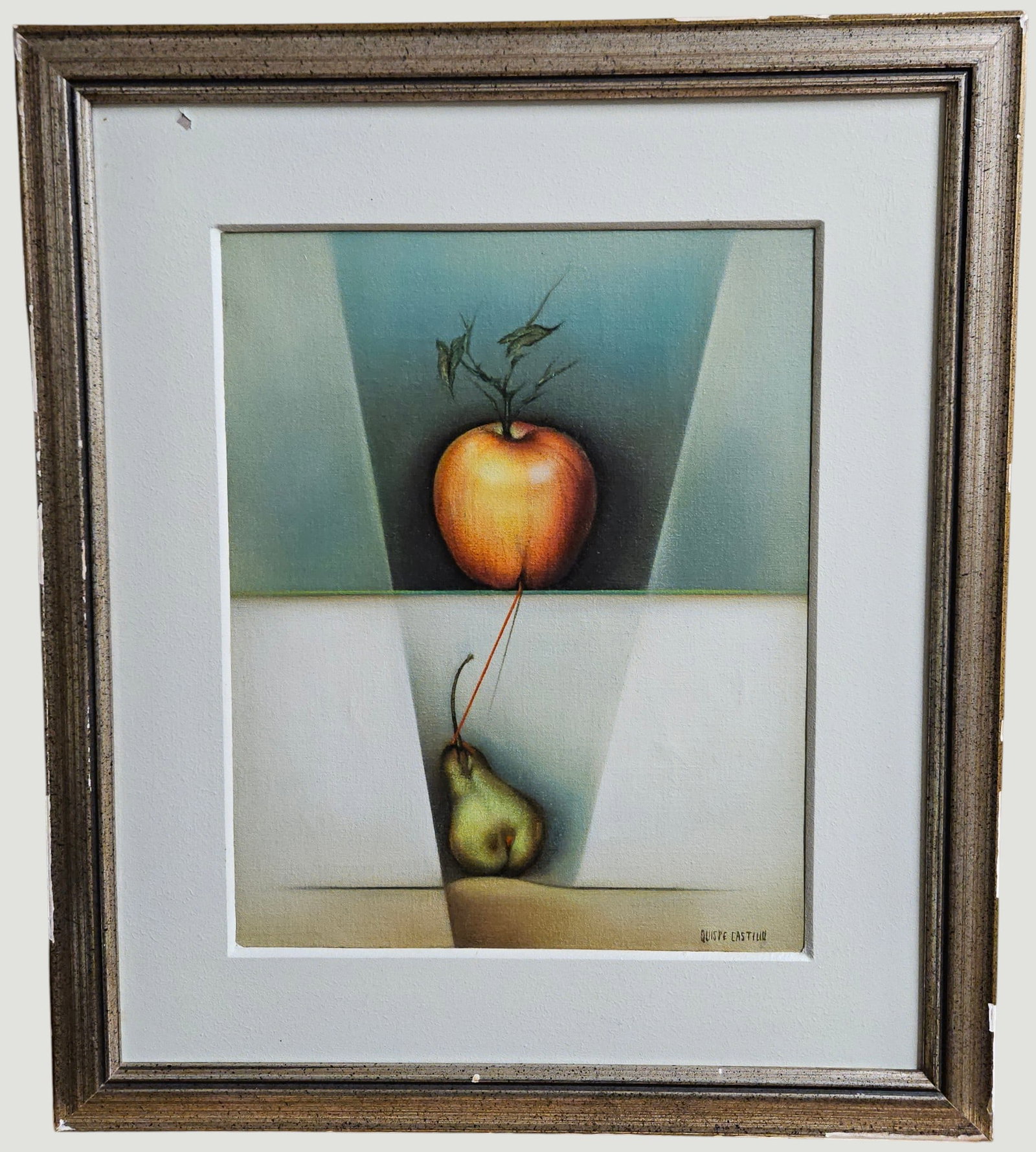 Jesus Quispe Castillo (Peruvian, b. 1948) Oil on Canvas Surrealist Still Life Fruit: This piece creates structural tension by positioning a meticulously shaped apple and pear witin intersecting abstract angular planes. Signed lower right. Frame measures 24 x 20.625 inches, sight