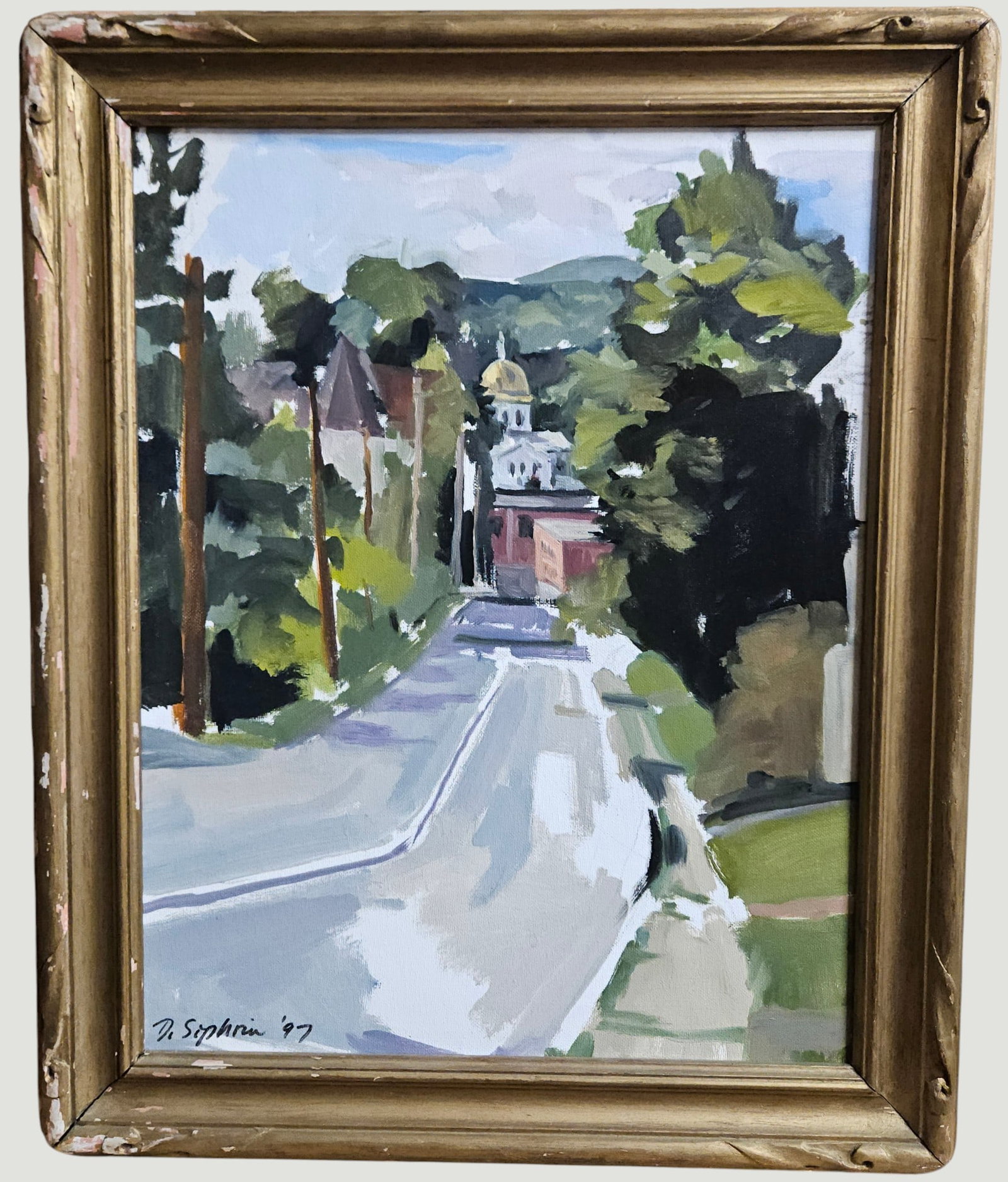 Oil on Board Plein Air Scene Signed D. Siphrin: Features oose, expressive brushwork characteristic of plein air painting, focusing on a road lined with trees and houses, leading the viewers eye toward a prominient church in the background. Signed