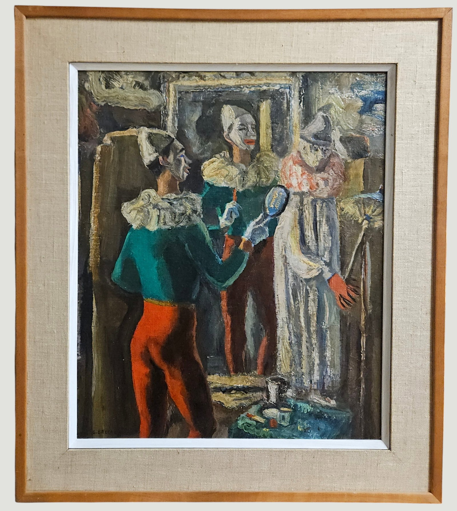 Samuel Brecher (American, 1897-1982) WPA Provincetown Clowns Oil on Masonite: Measures framed 31 x 27 inches, board measures 24 x 20 inches. Signed lower left and back. Comes from a large collection of Brecher paintings. Artist bio: painter and educator Samuel Brecher was born 