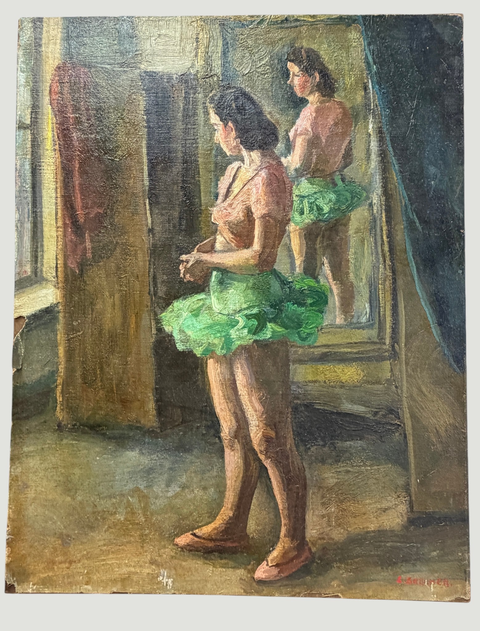 Samuel Brecher (American, 1897-1982) WPA Provincetown Ballerina Oil on Canvas: Unframed, oil on canvas laid on board. Measures 28 x 22 inches. Signed lower right. Comes from a large collection of Brecher paintings. Artist bio: painter and educator Samuel Brecher was born in 1897