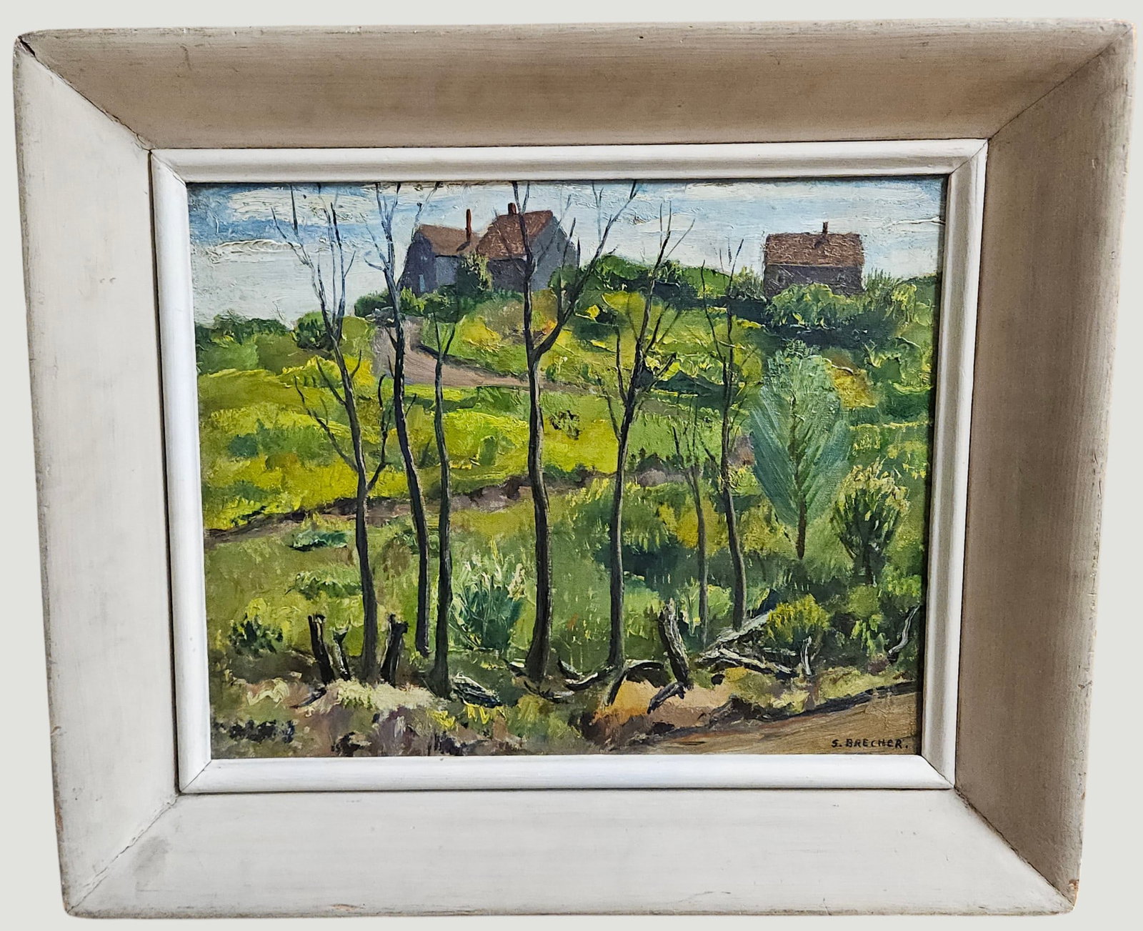 Samuel Brecher (American, 1897-1982) WPA Provincetown Landscape Oil on Masonite: Titled 'Miller Hill Road (Hawthorne's Studio). Signed lower right and back. Framed measures 22.5 x 26 inches, board measures 16 x 20 inches. Comes from a large collection of Brecher paintings. Artist 