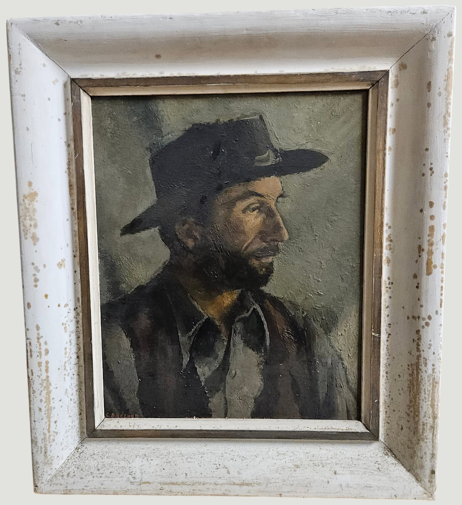 Samuel Brecher (American, 1897-1982) WPA Provincetown 'Jim Lonetree' Oil on Masonite: Depicts a man in a hat, dated 1940. Signed lower left and verso. Framed measures 22 x 19 inches, board measures 13 x 16 inches. Comes from a large collection of Brecher paintings. Artist bio: painter