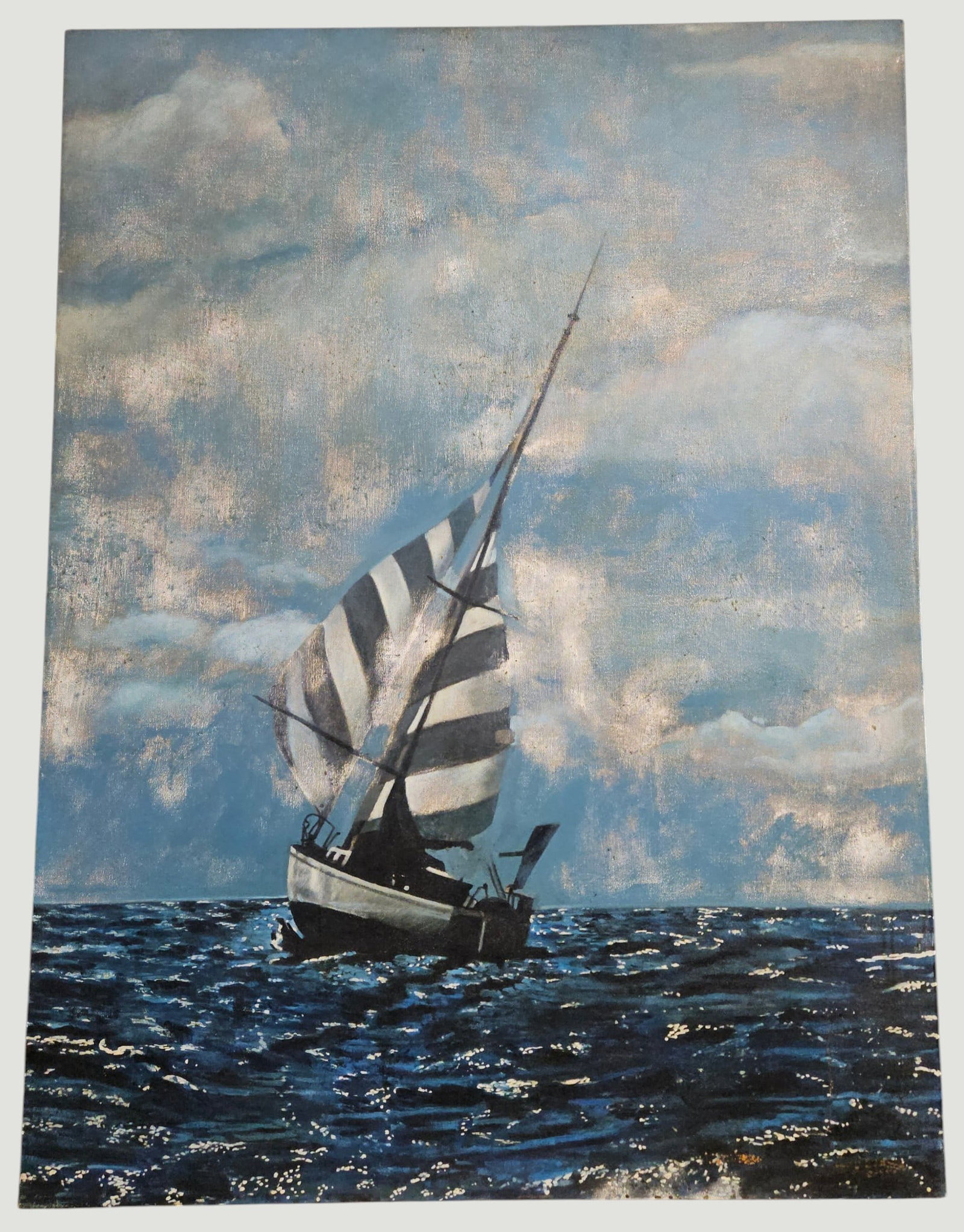 Alan Peters (New York, 1944 - 2023) Oil on Canvas Sailboat: Striking coastal painting showcases a single sailboat slicing through dark, choppy waters beneath a dramatic light dappled sky filled with dense clouds. The composition masterfully captures the