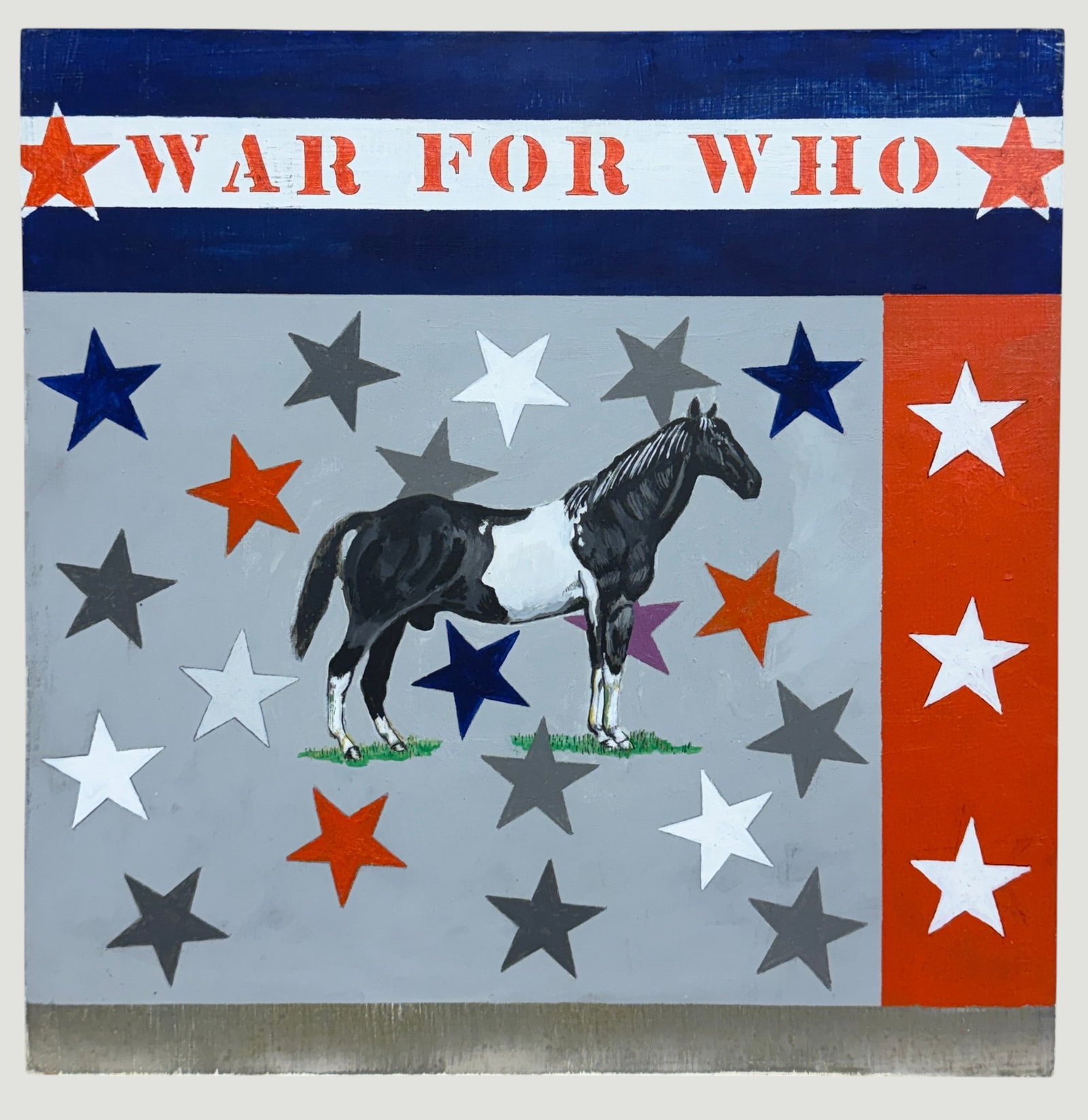 Alan Peters (New York, 1944 - 2023) Oil on Board Folk Art 'War for Who': Alan Peters (New York, 1944 - 2023) Counterculture Anti War Political Painting. Oil on Plywood work. A black and white pinto depicted standing over a field of scattered stars. Titled 'War for Who.'